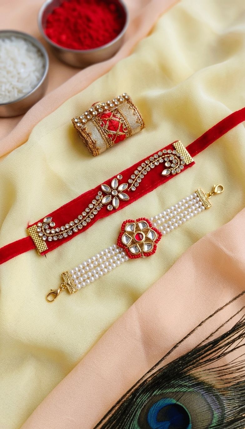 Red Kundan Rakhi Set: Handcrafted for Bhaiya & Bhabhi