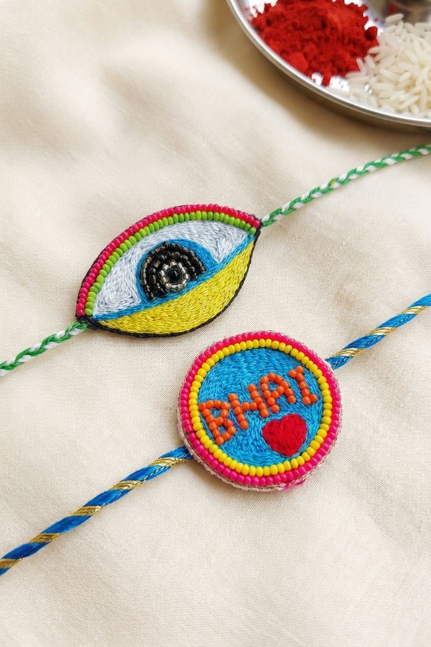 2026 Bhaiya-Bhabhi Evil Eye Handmade Rakhi Set – Adjustable, Trendy, Protective
