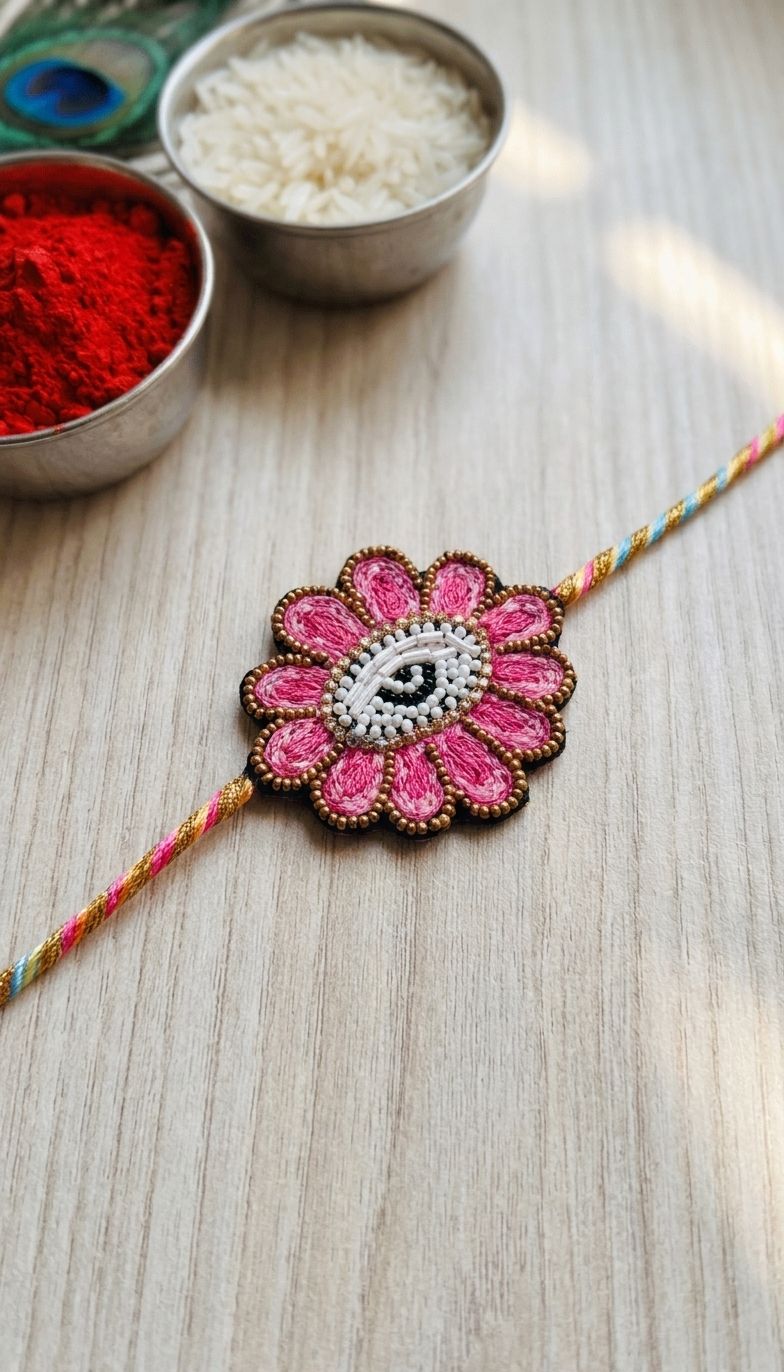 Handmade Pink Beaded Rakhi Gift for Brother – Floral Evil Eye Rakhi 2026