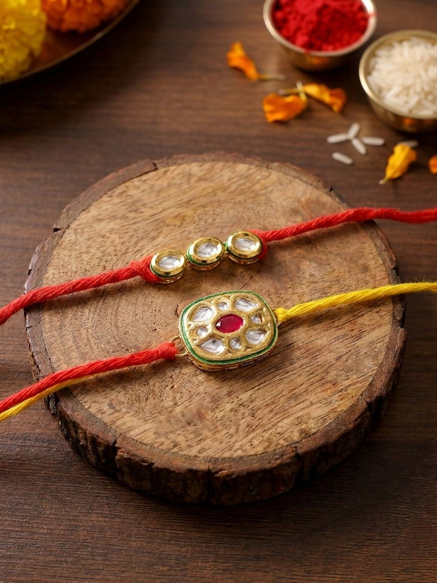 Exquisite Kundan Rakhi Gift for Bhaiya & Bhabhi Set