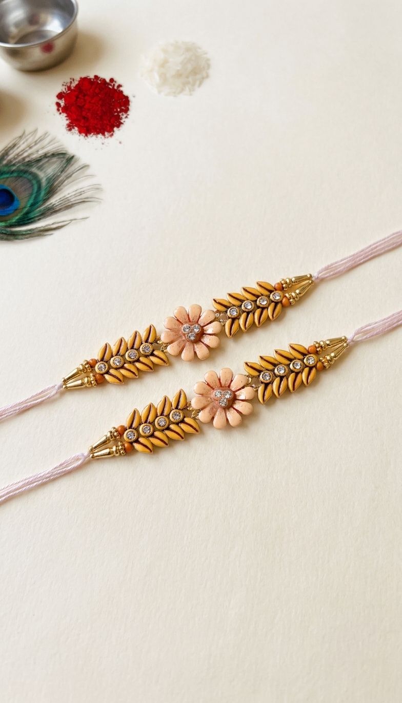 Floral Charm Rakhi Set of 2 - Peacock Metal Design