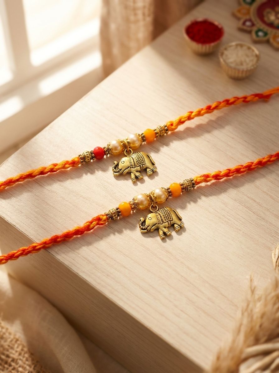 Elephant Pendant Gold Rakhi Set of 2 for Precious Ties