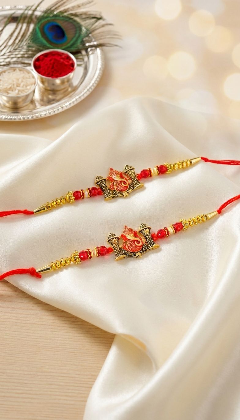 Gold-Plated Lord Ganesha Rakhi Set w Pearls (Pack of 2)