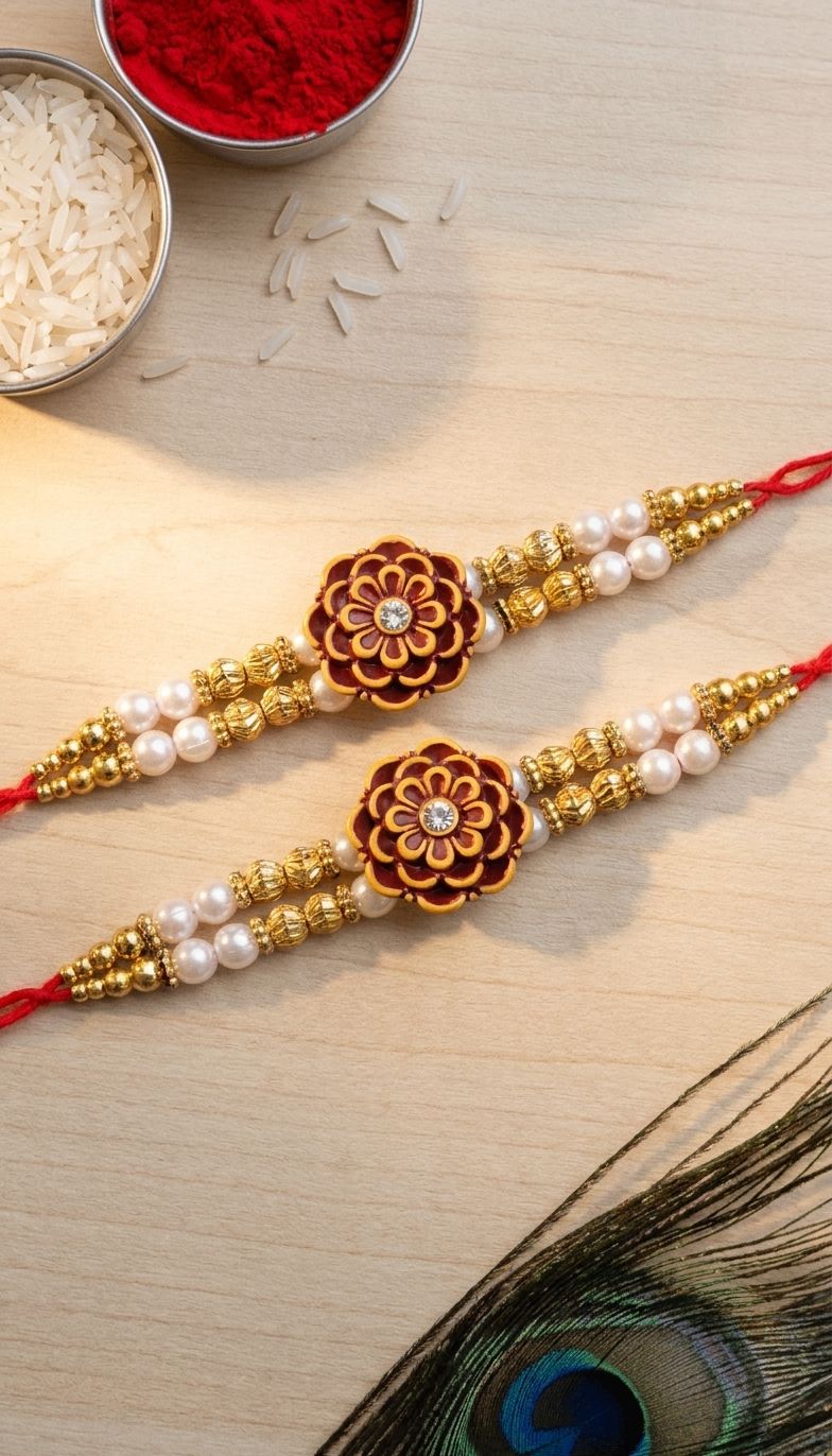Floral Rakhi Duo for Brothers: Elegant Beaded Design