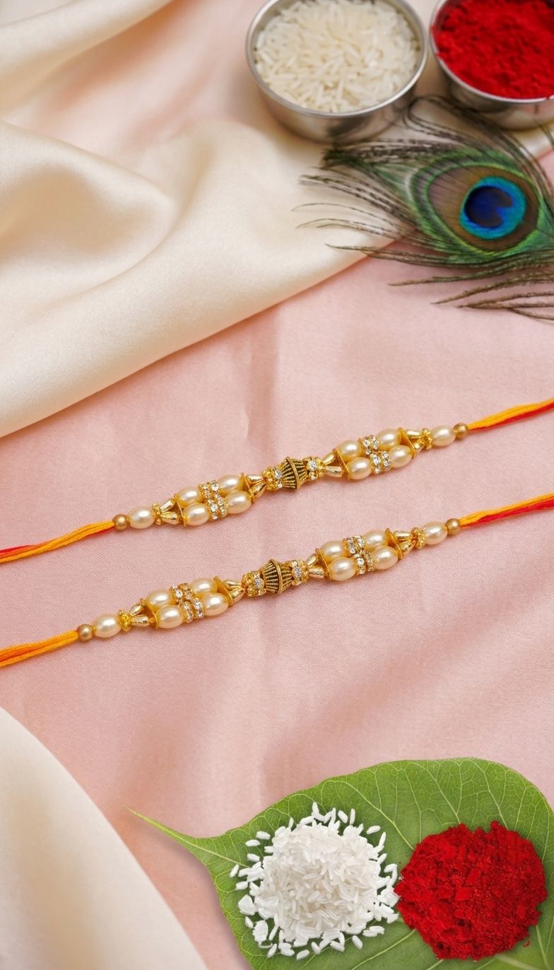 Stylish Pearls & Stone Rakhi with Roli Chawal Tilak Set- Pack of 2