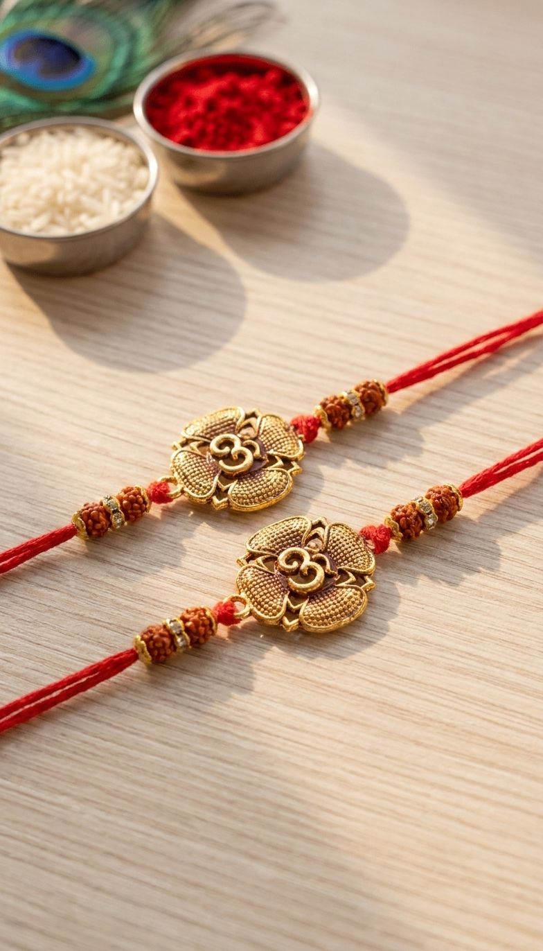 Oxidized Gold Om Rakhi Duo - Handmade Love & Protection