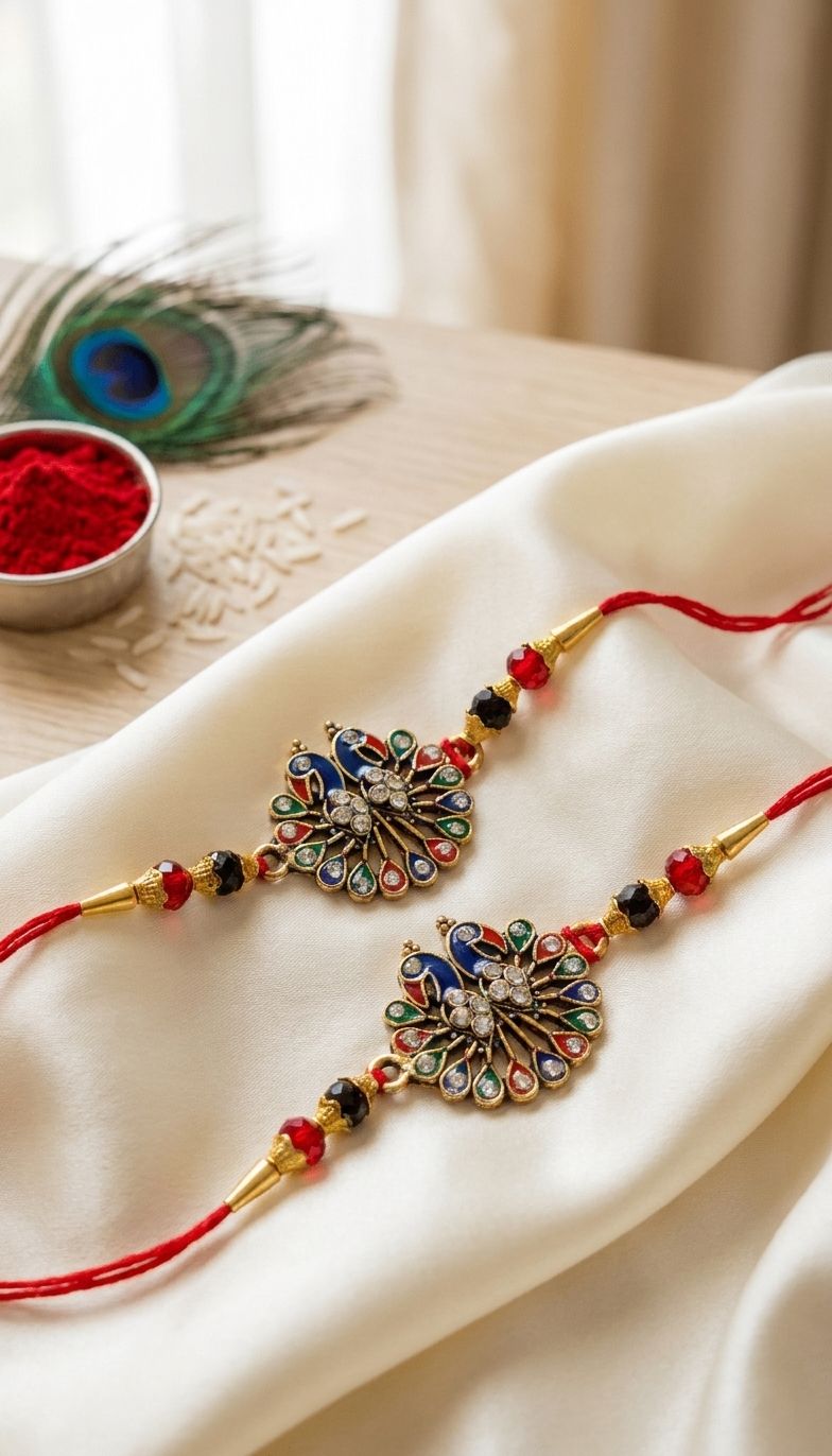 Gorgeous Festive Peacock Rakhi Duo with Gold Plating