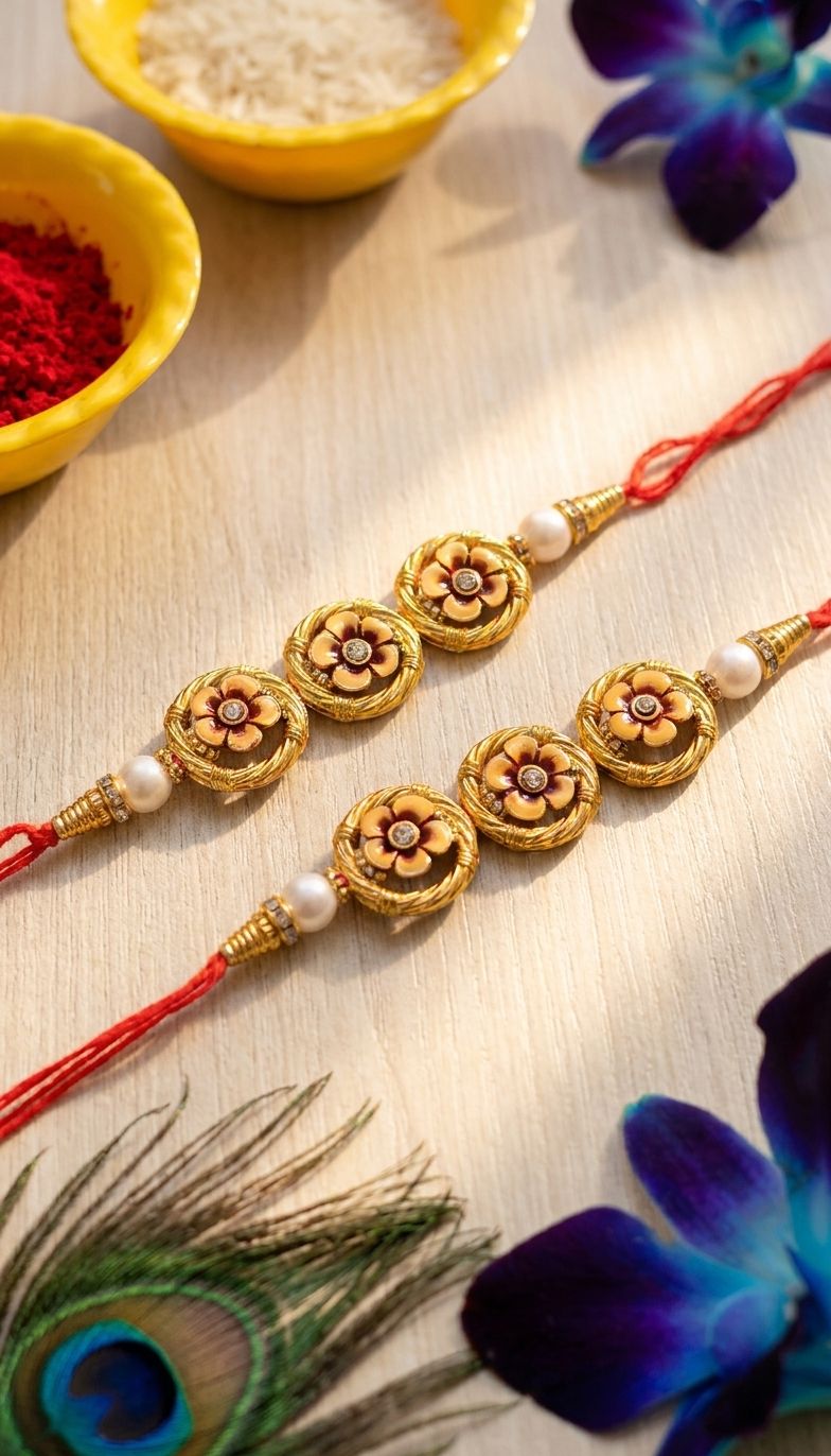 Exquisite Stone Rakhi Gift Set for Brother, Pack of 2 Traditional Designs