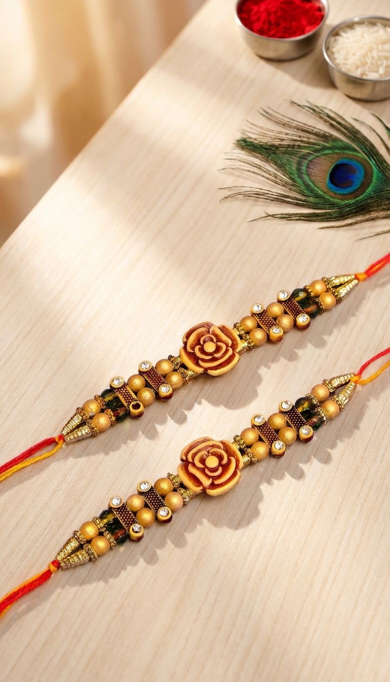 Rose Flower Rakhi - Beautiful Brown Floral Design for Brother, Set of 2