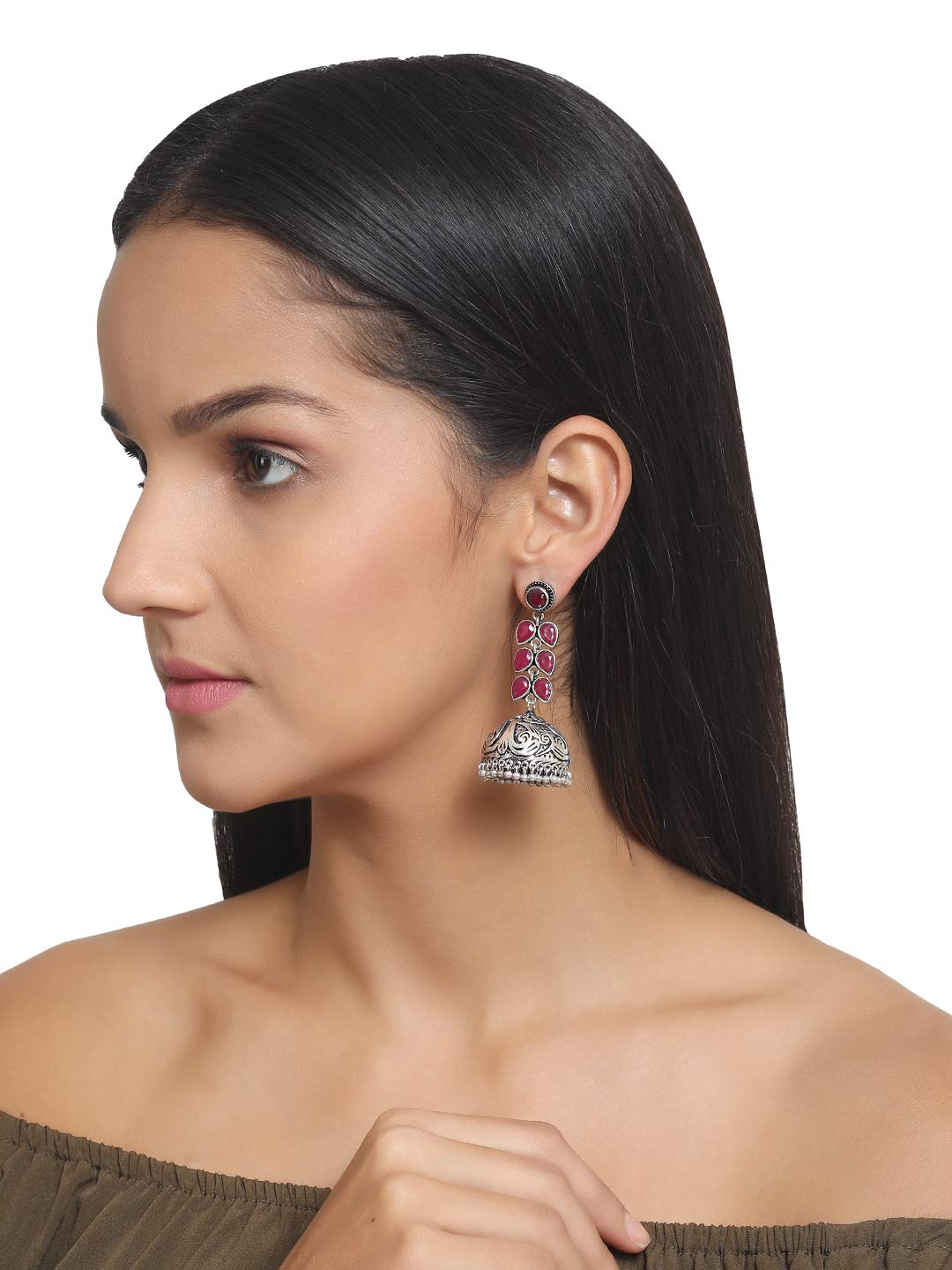 Exquisite Oxidised Silver Jhumka Earrings with Crystal Leaves Design