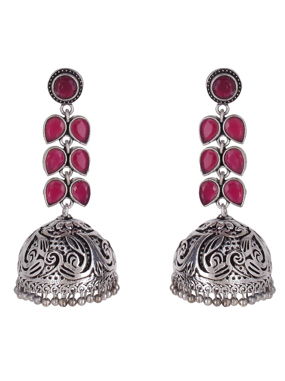 Exquisite Oxidised Silver Jhumka Earrings with Crystal Leaves Design