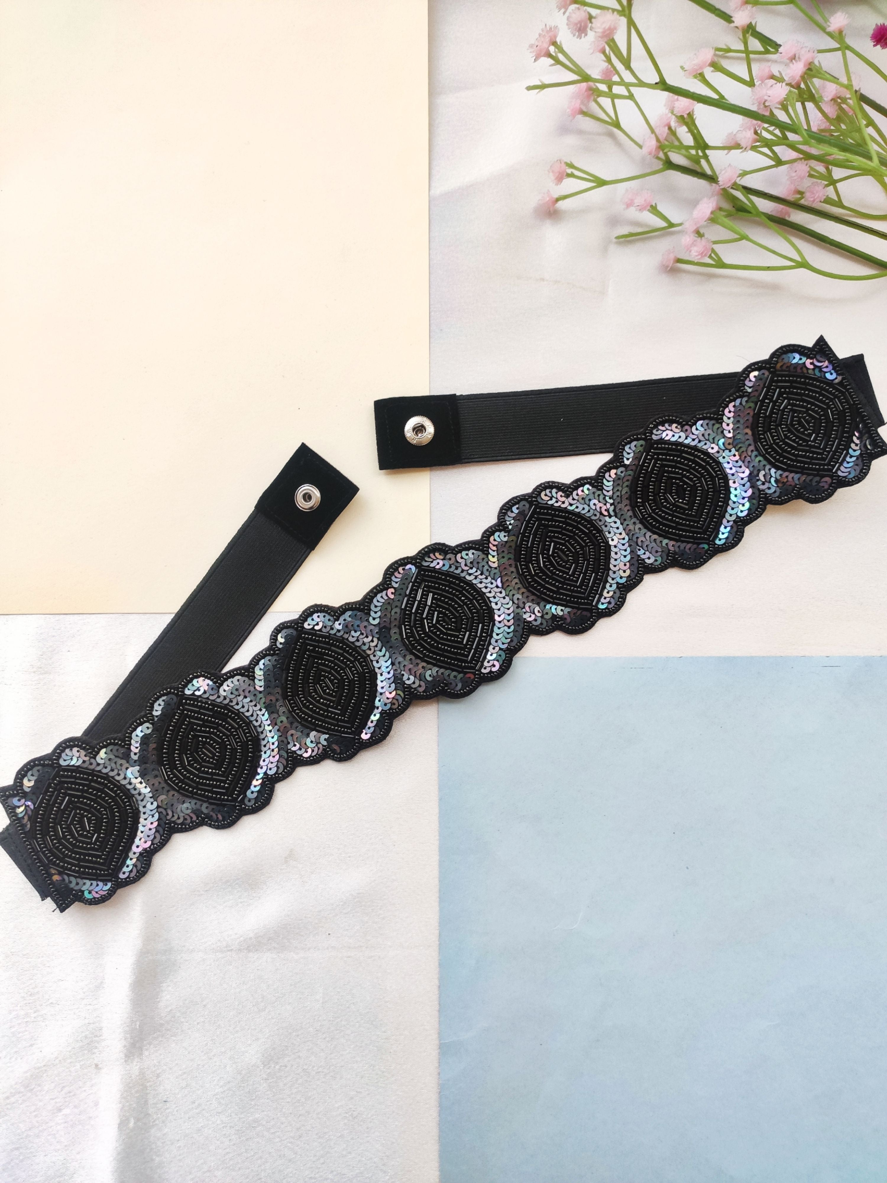 Black Embroidered Handmade Saree Waist Belt for Fashionable Women