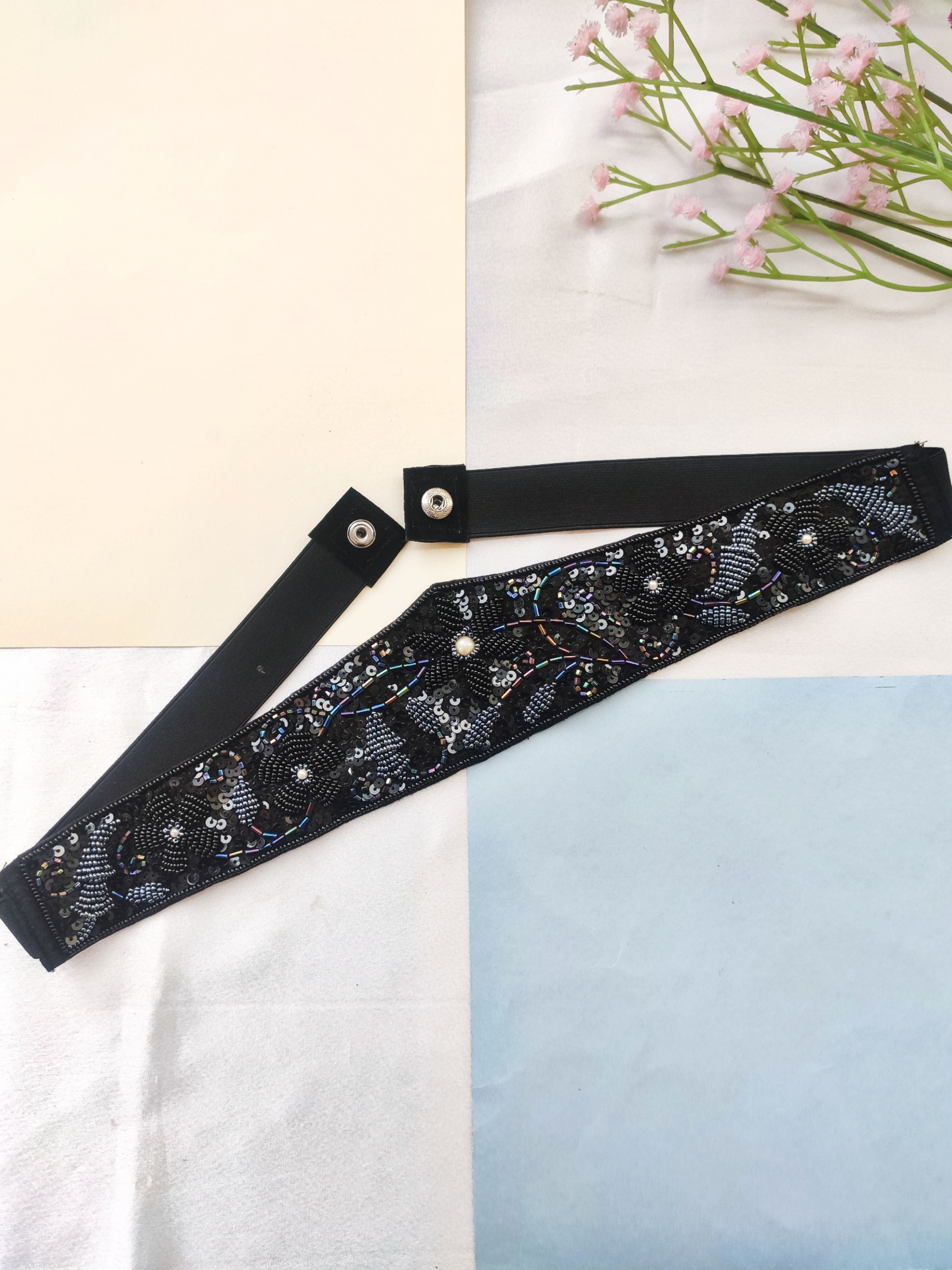 Black Floral Embroidery Handmade Waist Belt for Women