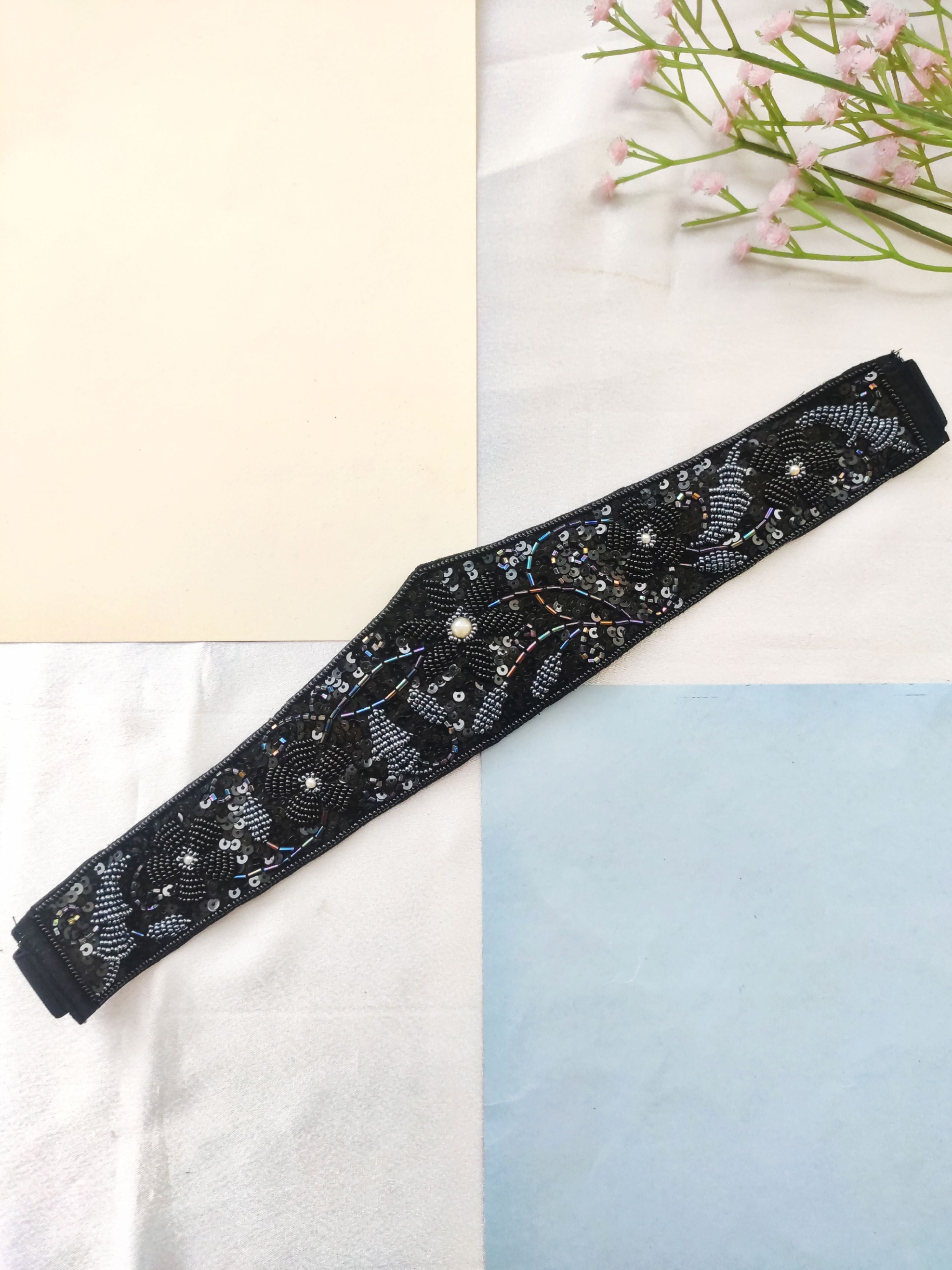 Black Floral Embroidery Handmade Waist Belt for Women