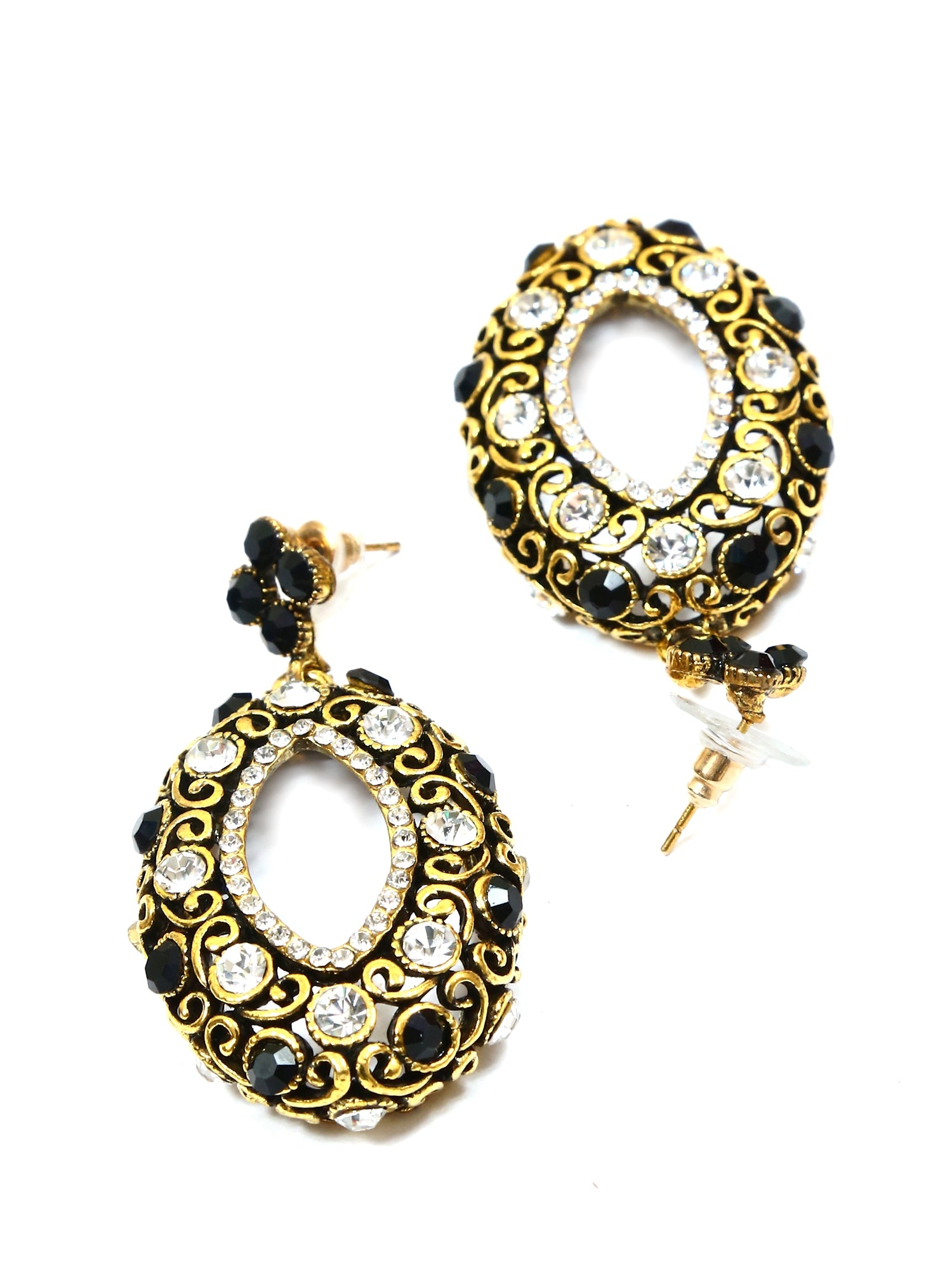 Gold Plated Antique Drop Earrings with Crystal Studs for Women