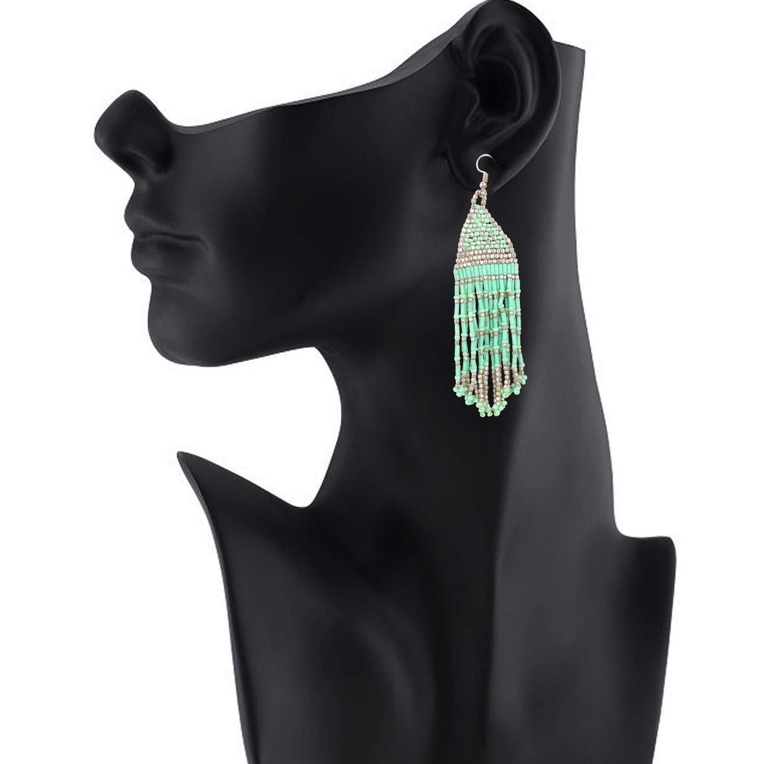 Mint Green Handmade Tasseled Beaded Earrings