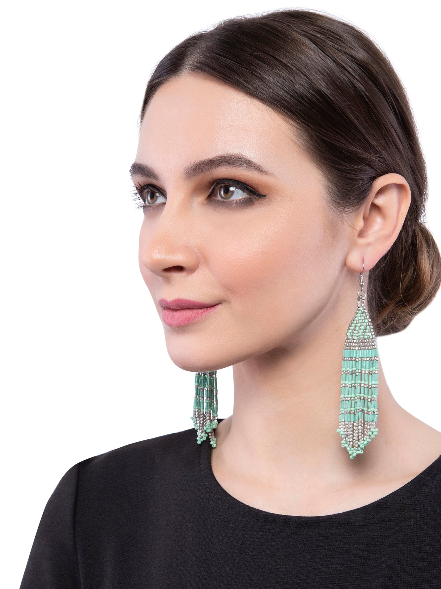 Mint Green Handmade Tasseled Beaded Earrings