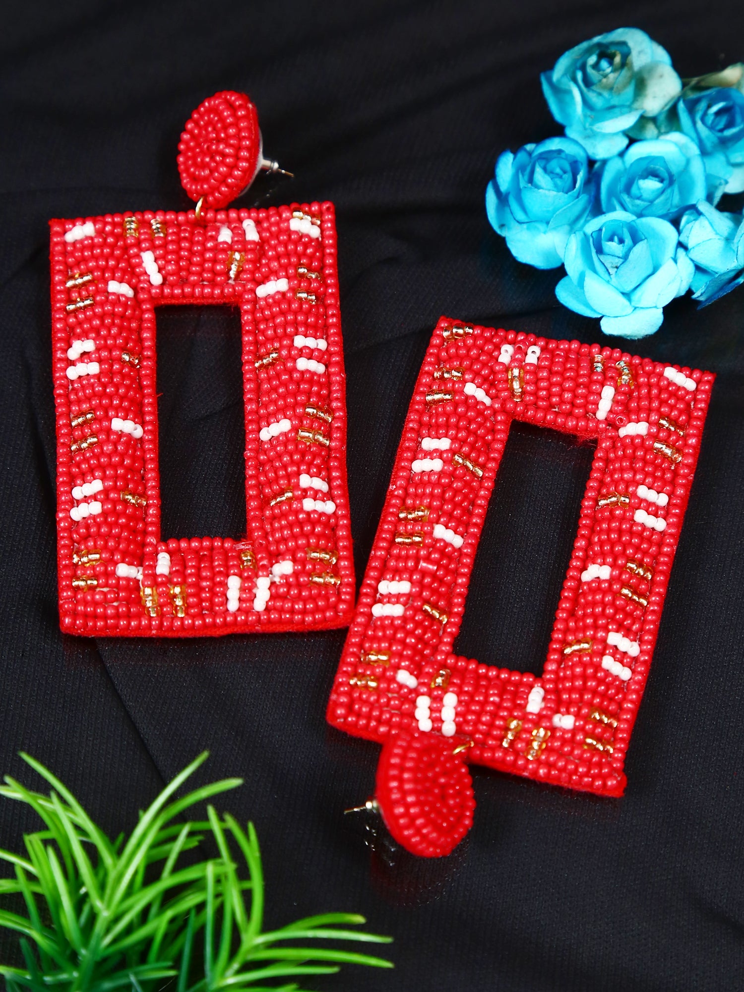 Red Color Bohemian Beaded Dangle Earrings