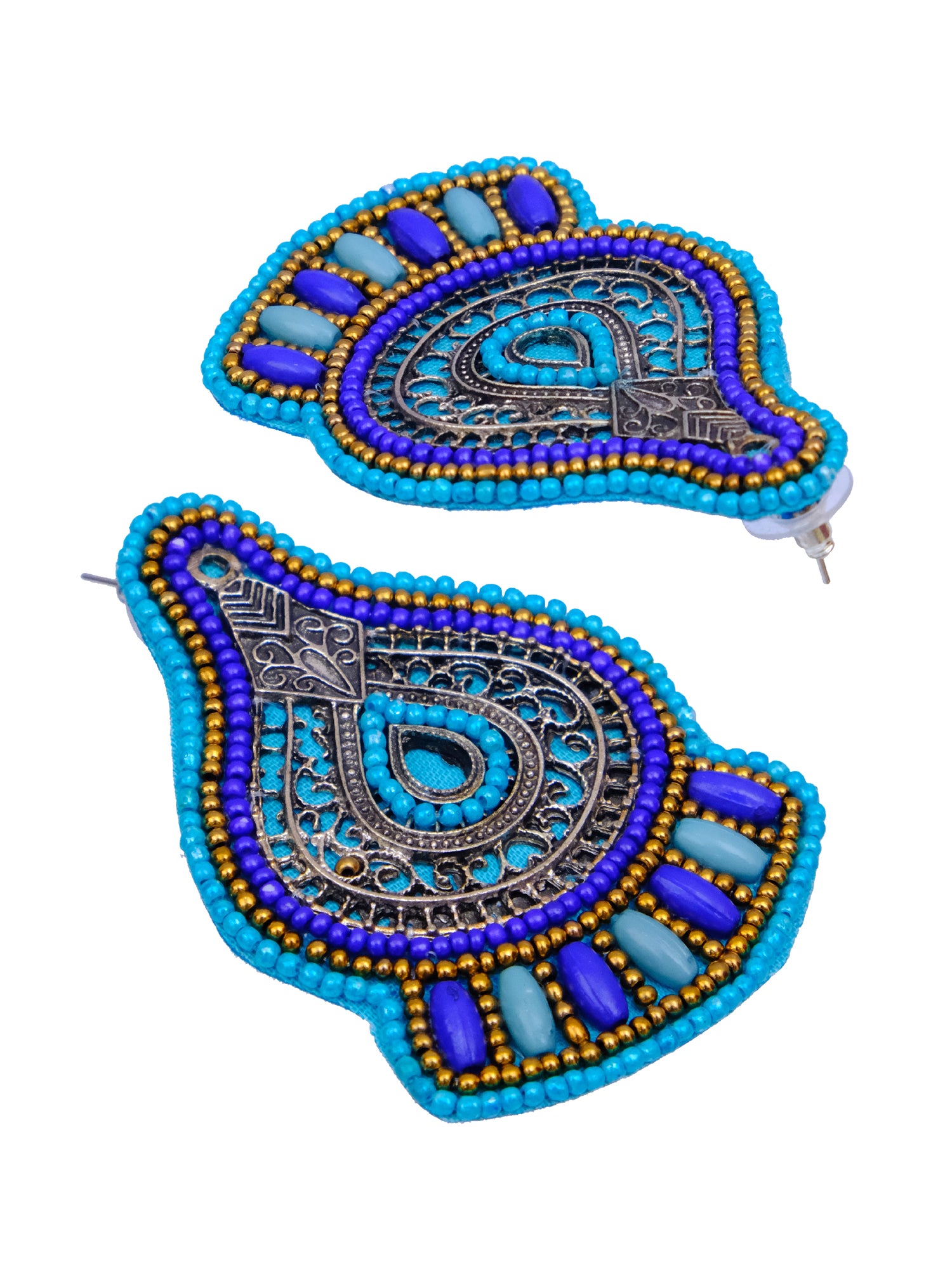 Blue Beaded Handmade Stud Earrings: Oxidised Silver Plated Fashion Jewelry for Women