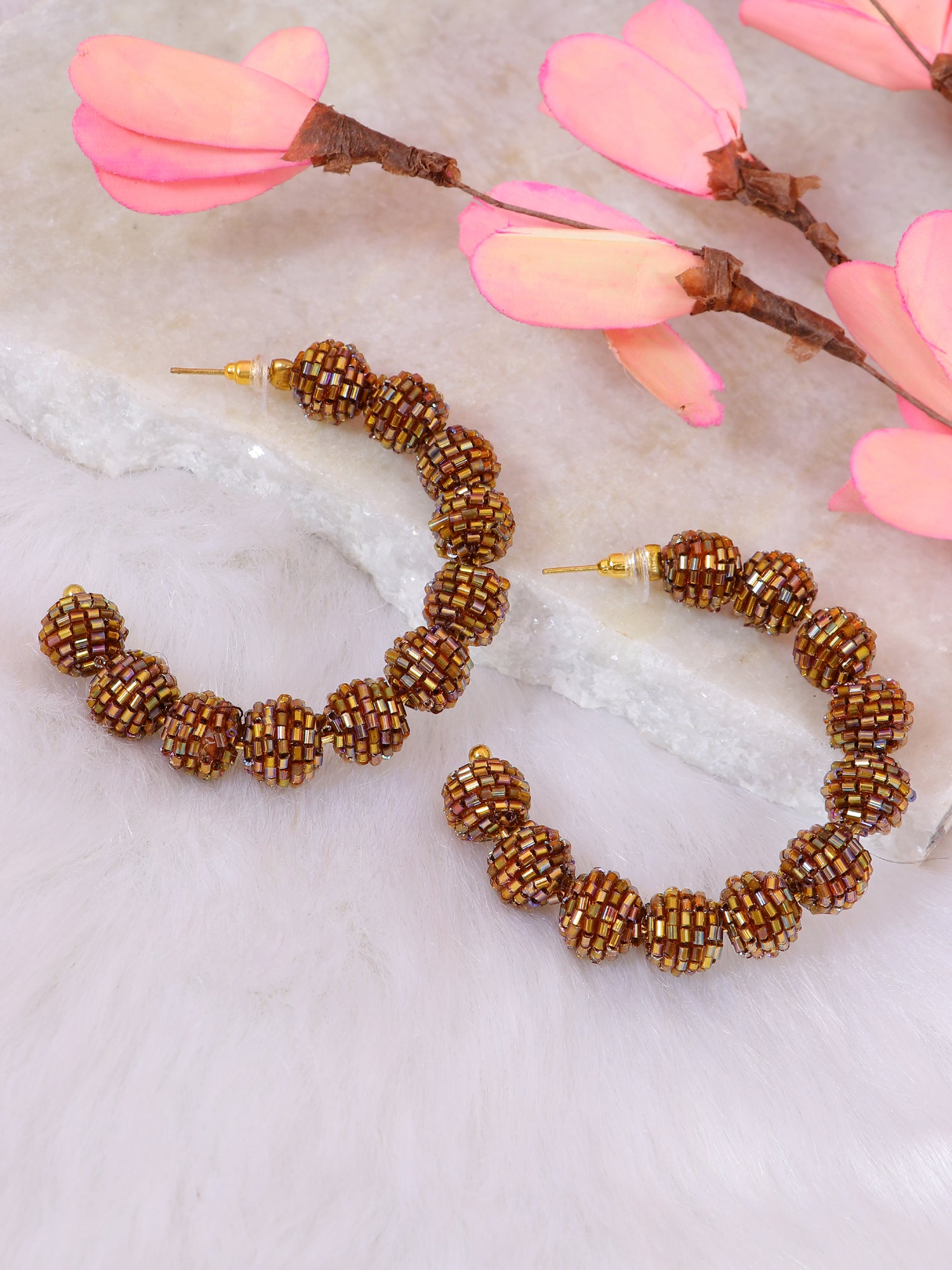 Exquisite Gold-Plated Brown Beaded Hoop Earrings: A Fusion of Traditional & Modern
