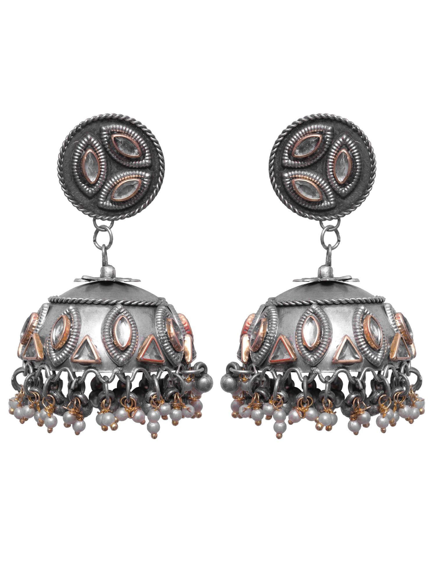 Falak Oxidised Silver Jhumka Earrings for Girls and Women- Boho Fashion Kundan Studded Jhumka Earrings for Girls