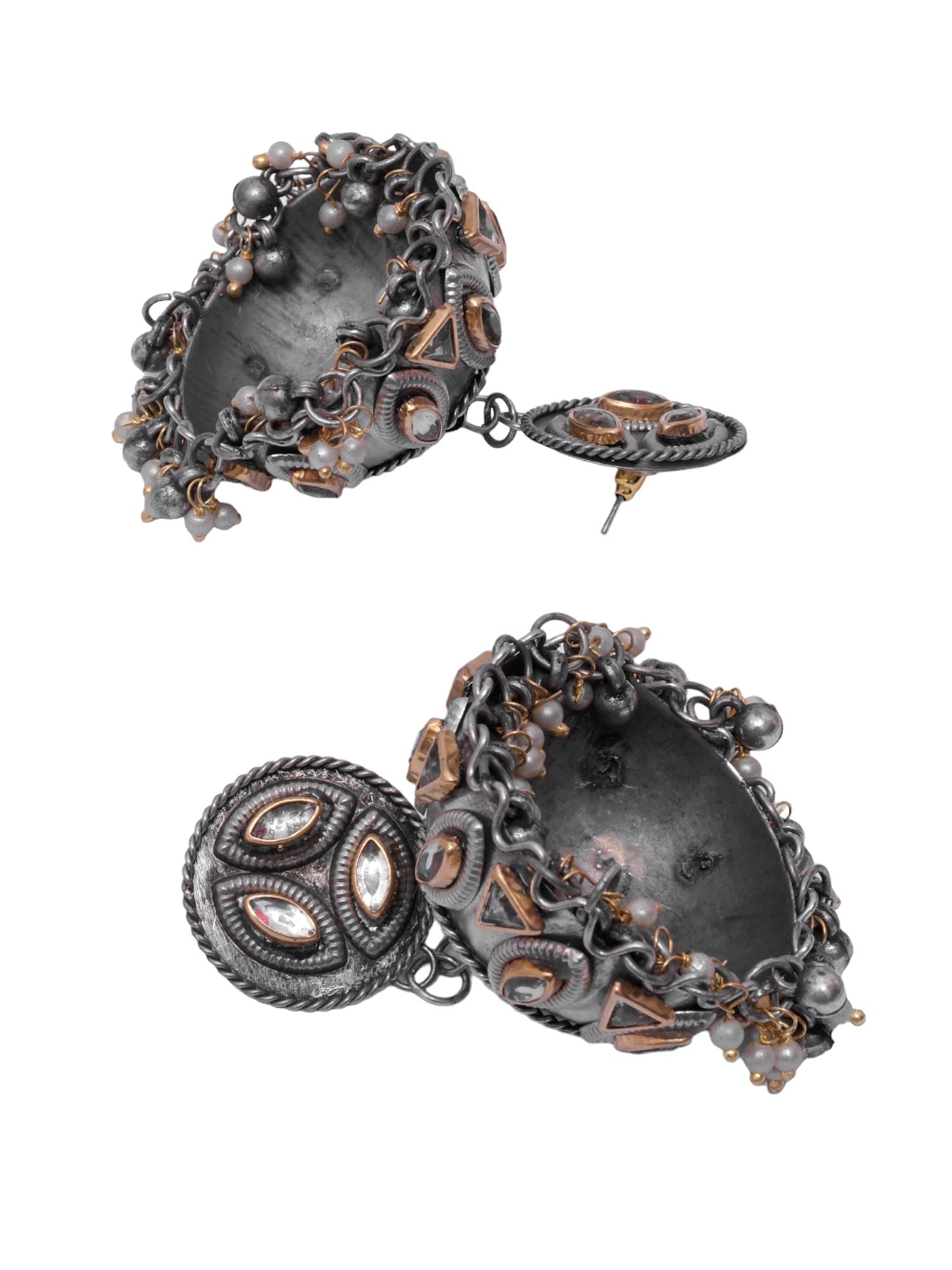 Falak Oxidised Silver Jhumka Earrings for Girls and Women- Boho Fashion Kundan Studded Jhumka Earrings for Girls