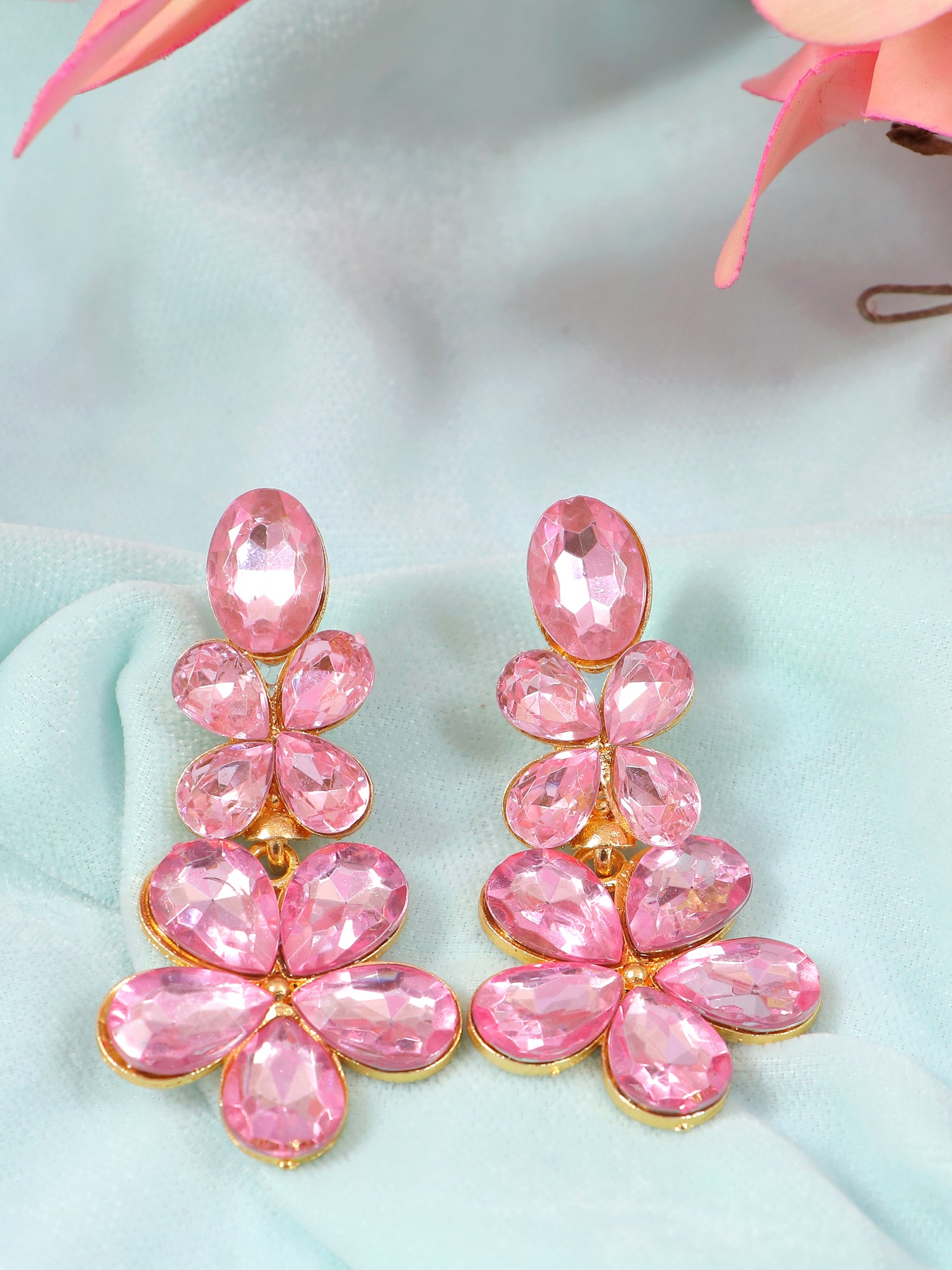 Crunchy Fashion Indo Western Pink Statement Crystal Dangler Earrings