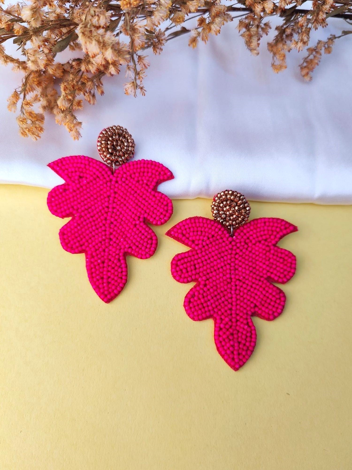 Bohemian Leafy Earrings- Quirky Handmade Beaded Statement Dangler Earrings