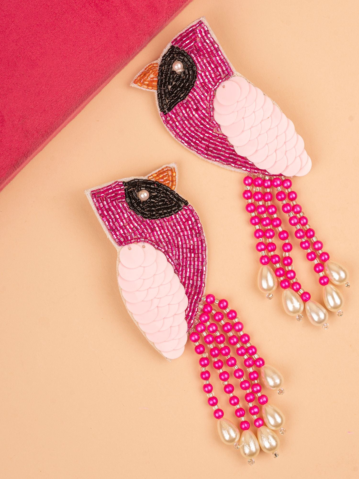 Quirky Pink Bird Handmade Beaded Earrings for Women & Girls