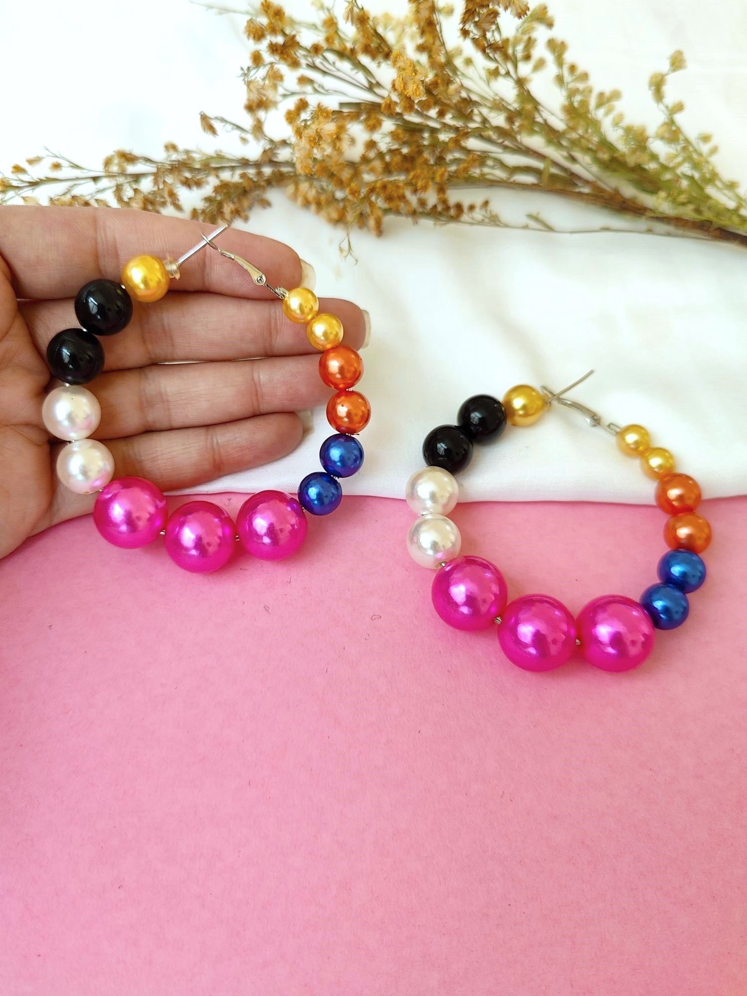 Mia Hoops- Statement Multicolored Pearl Beads Handmade Hoop Earrings for WOmen
