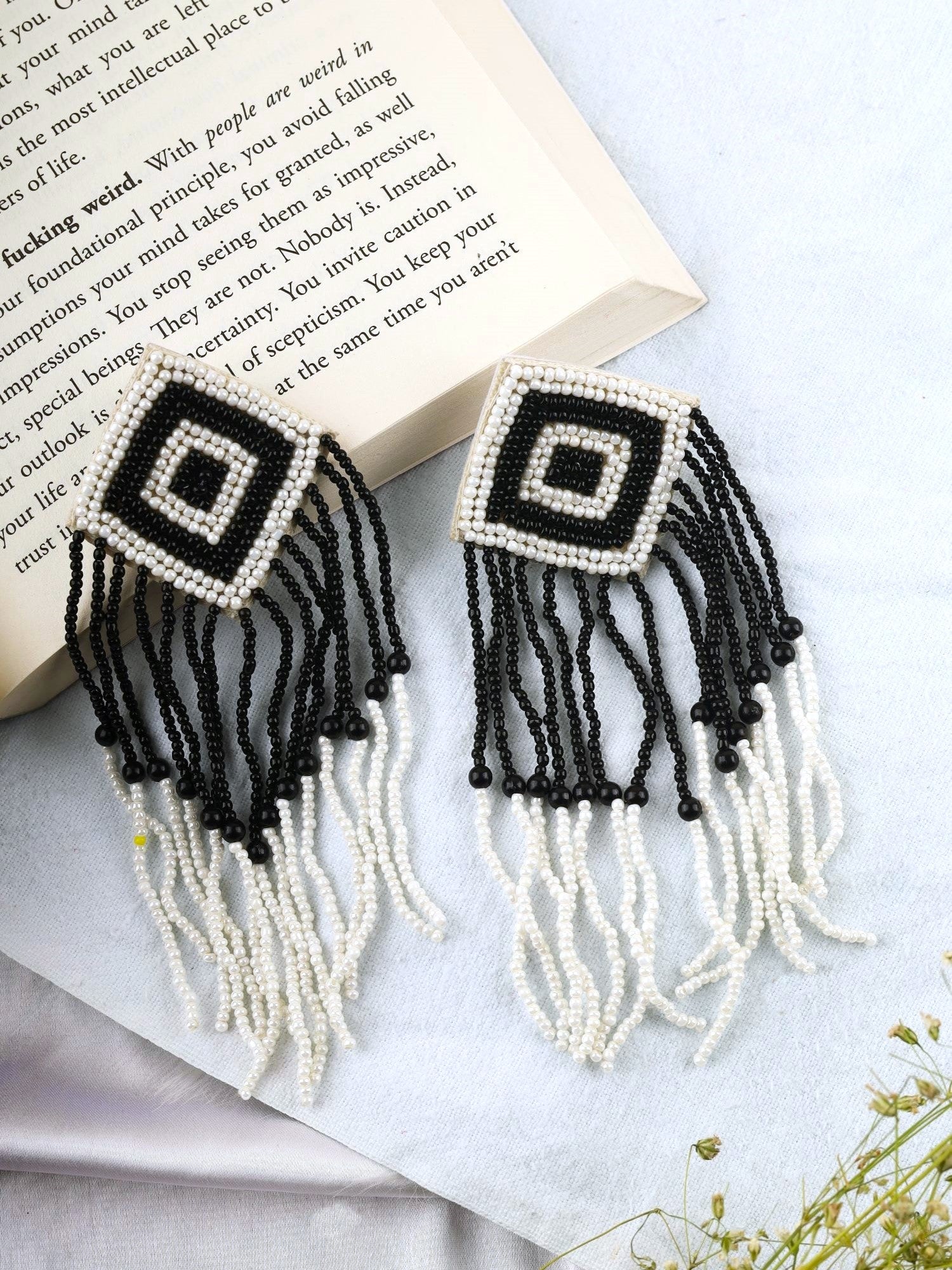 Elegant Monochrome Handmade Beaded Tassel Earrings for Fashionistas