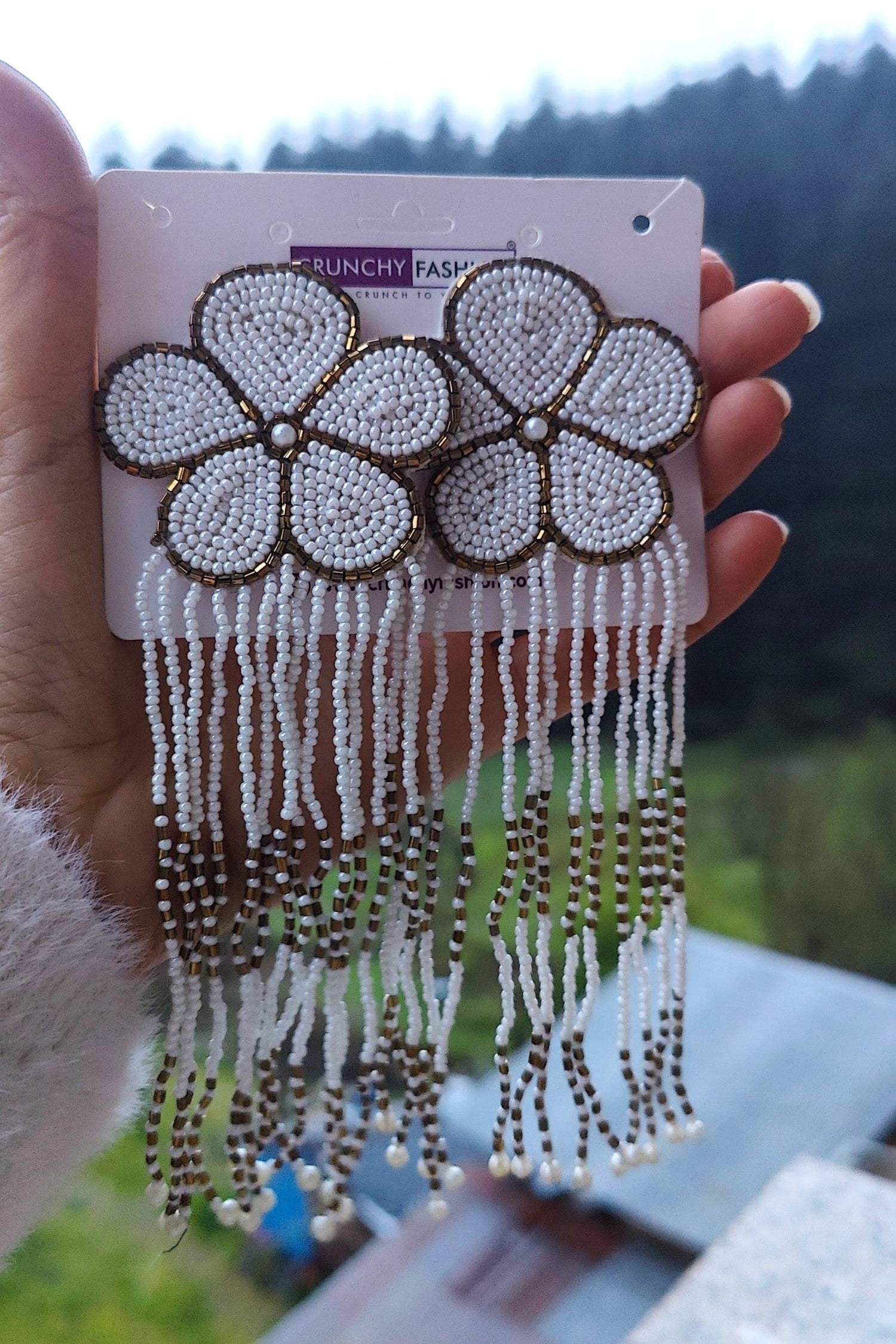 Shireen Earrings- White Handmade Flower Earrings with Tassels