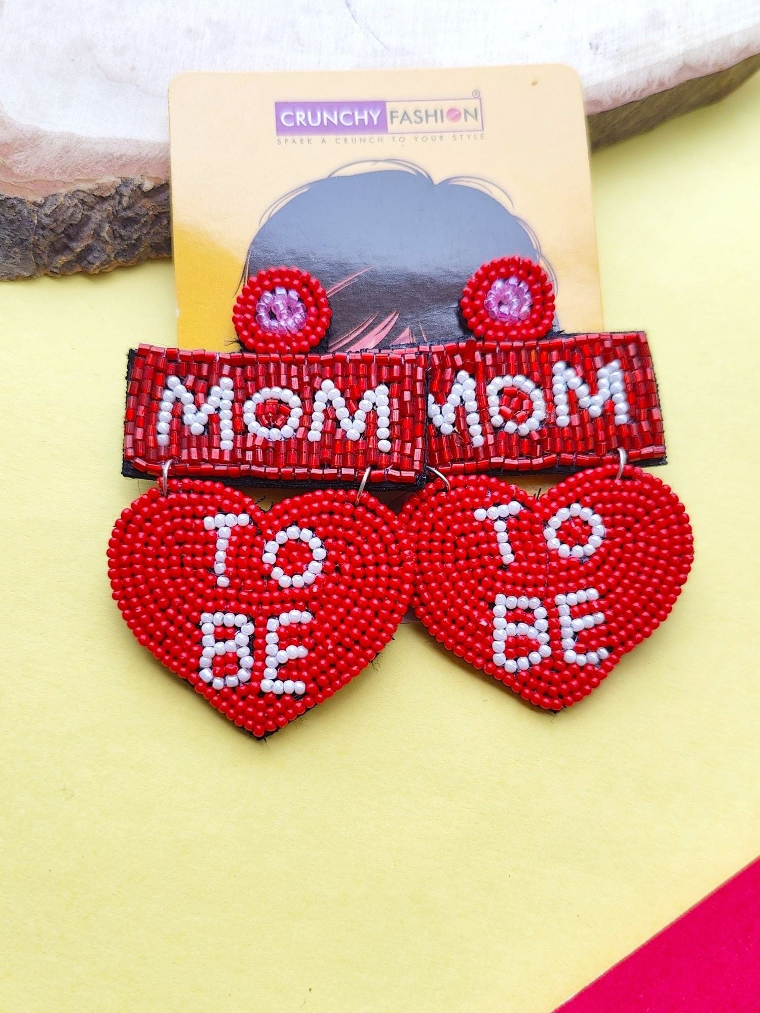 Exquisite Handcrafted Red Beaded 'Mom-to-Be' Festive Earrings