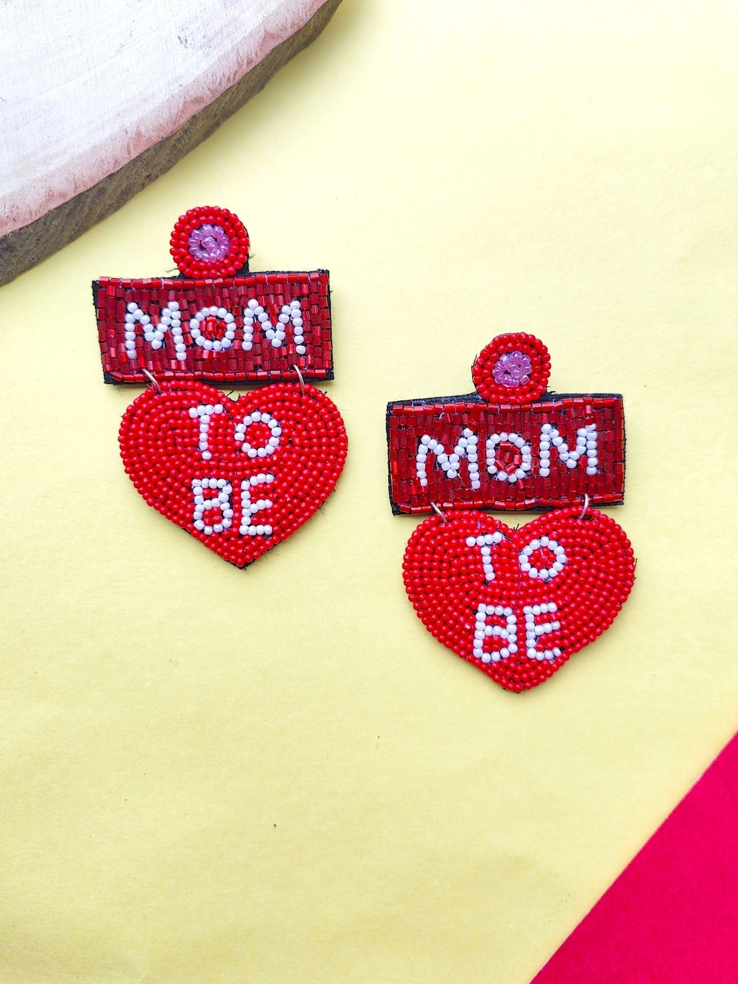 Exquisite Handcrafted Red Beaded 'Mom-to-Be' Festive Earrings