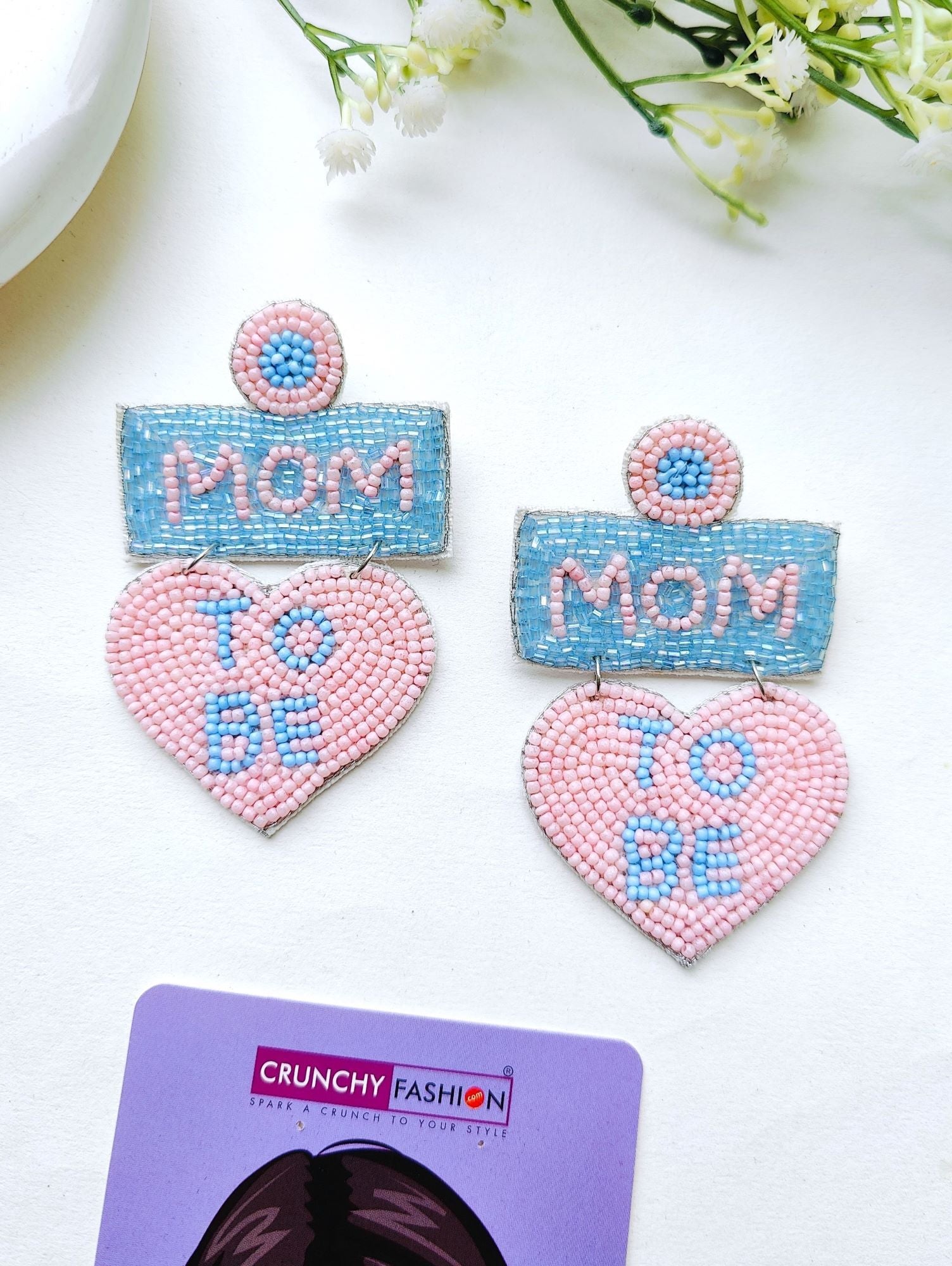 Handmade 'Mom-to-Be' Pink-Blue Beaded Drop Earrings for Baby Showers and Maternity Photoshoots