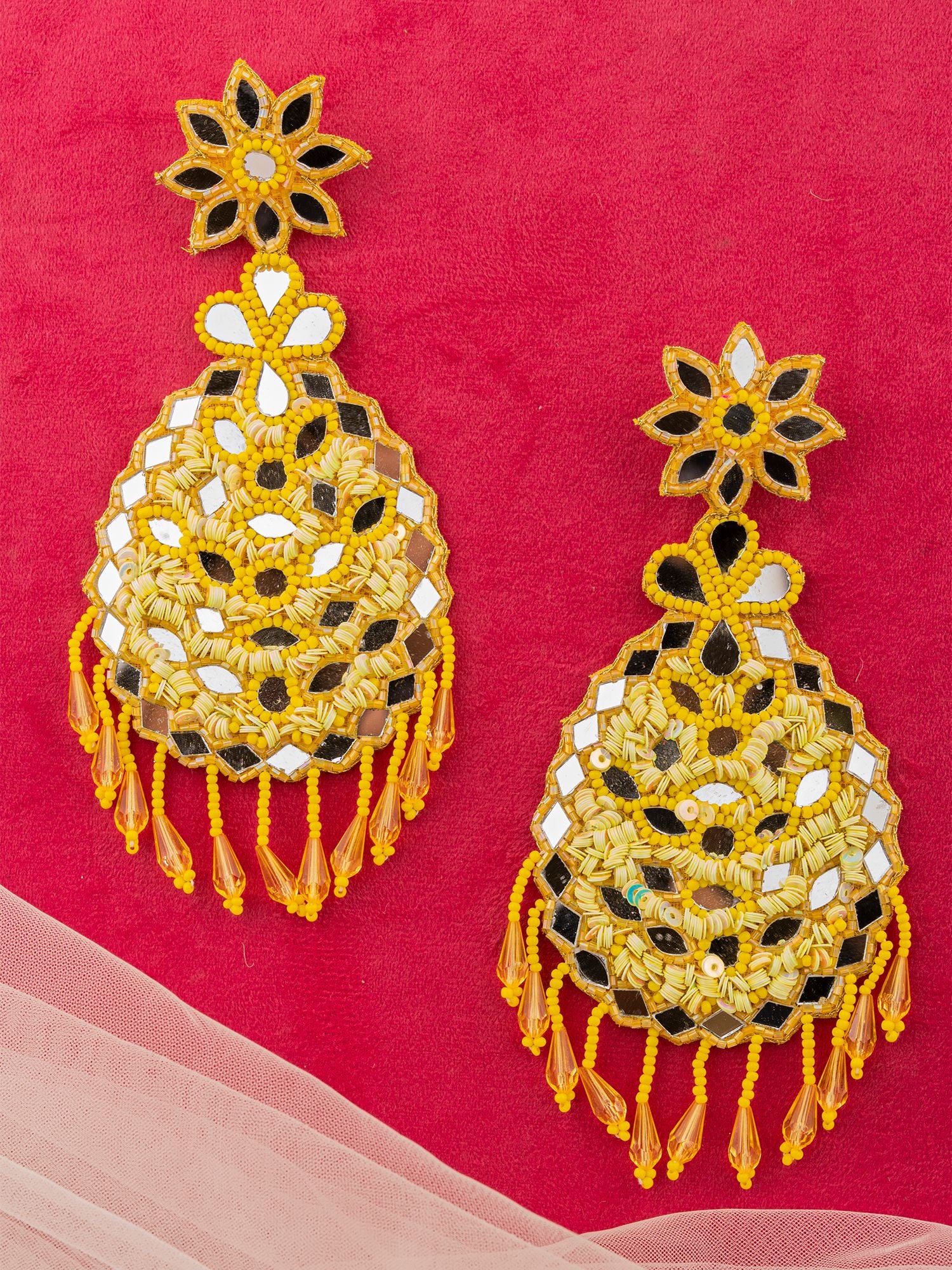 Dazzling Yellow Flower Mirror Handmade Earrings for Fashionable Women & Girls