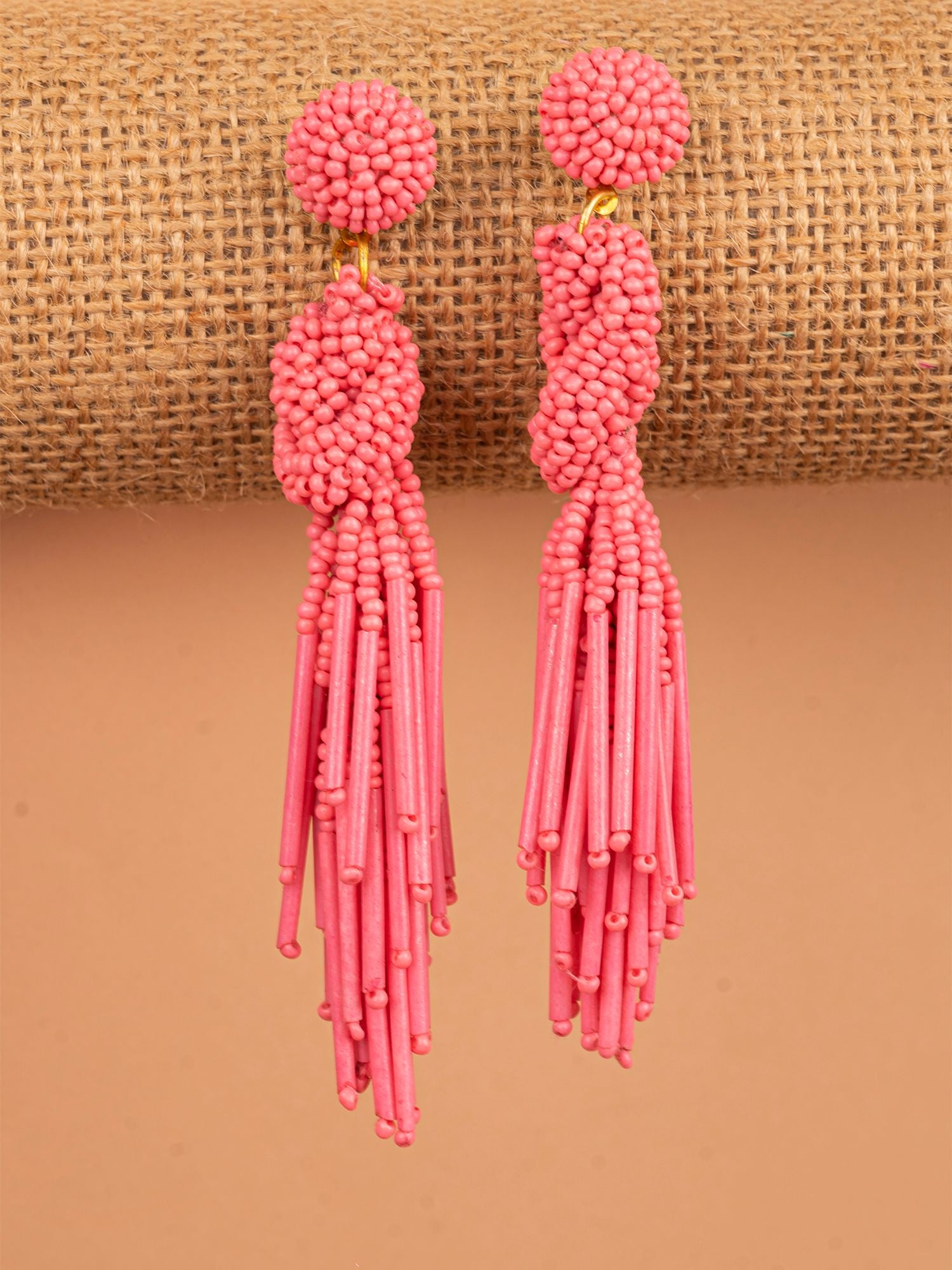 Elegant Rose Pink Handcrafted Beaded Tassel Earrings for Chic Women & Girls