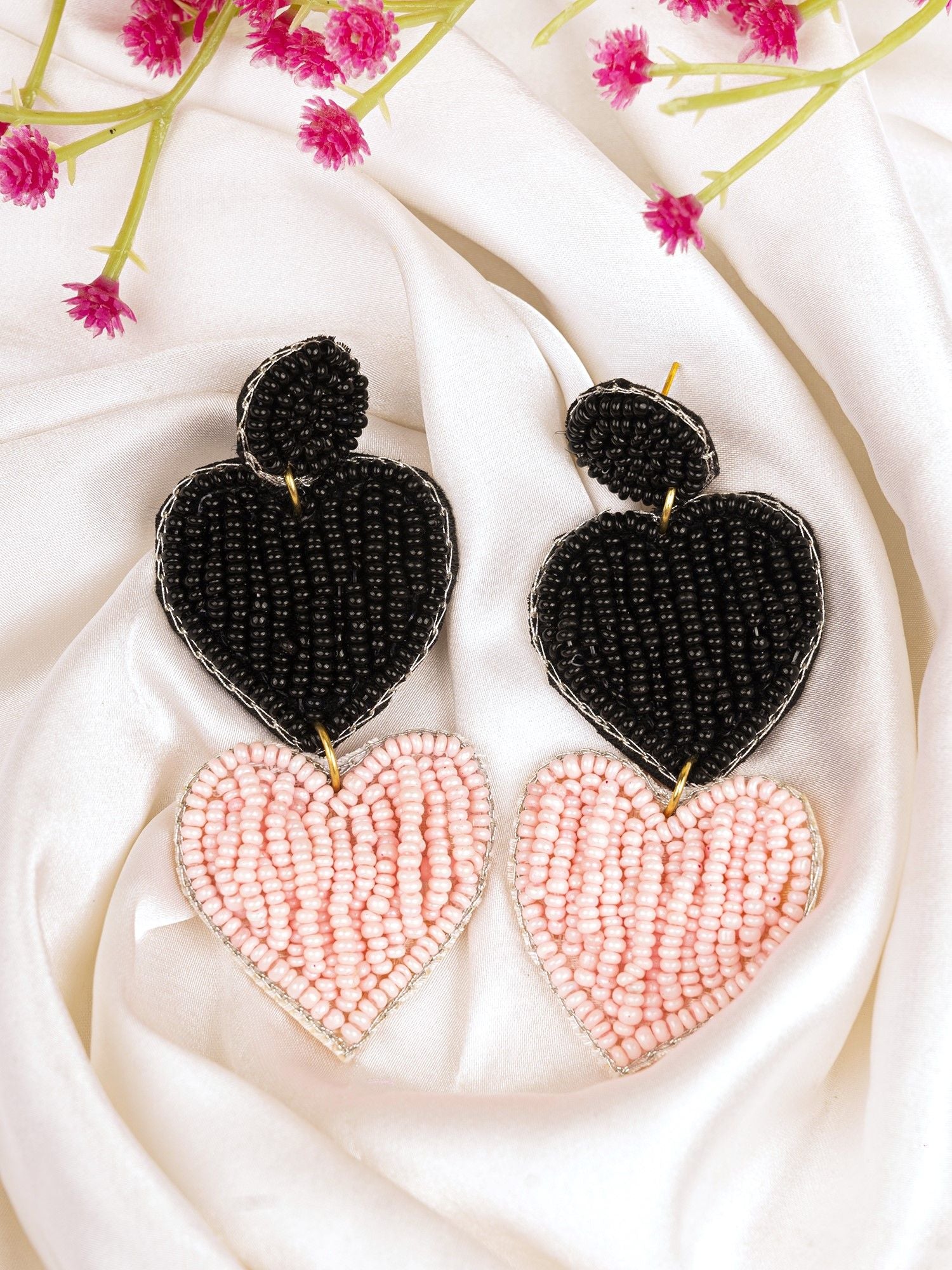 Quirky Black & Pink Beaded Heart Earrings: Handmade Summer Party Statement