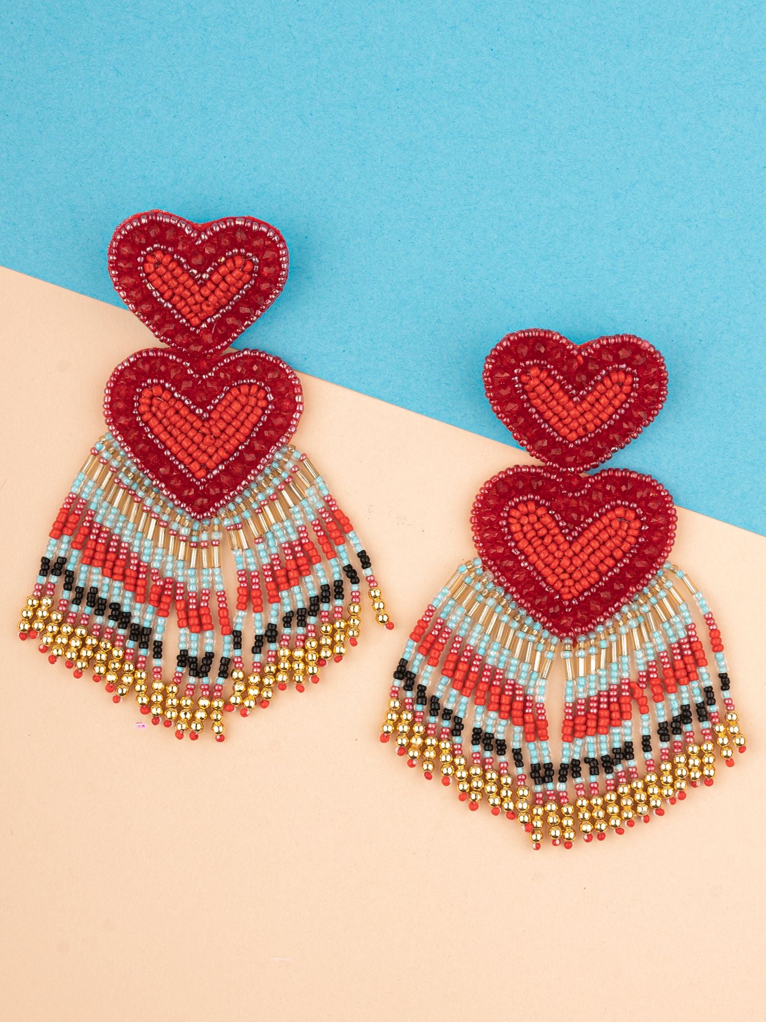 Stylish Red Heart Handmade Beaded Party Earrings For Women