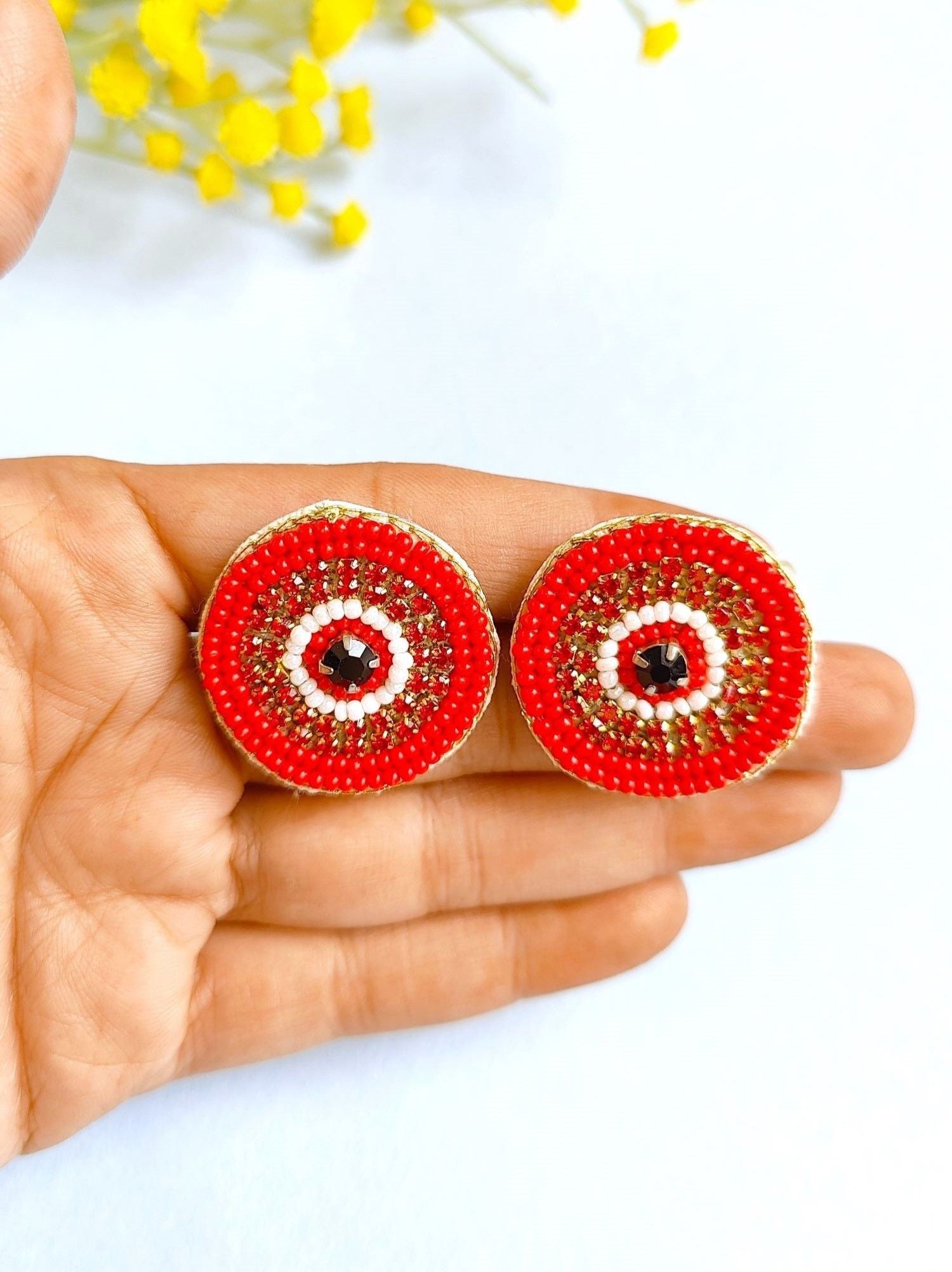 Boho Summer Radiance: Handmade Red Evil Eye Beaded Studs for Chic Women
