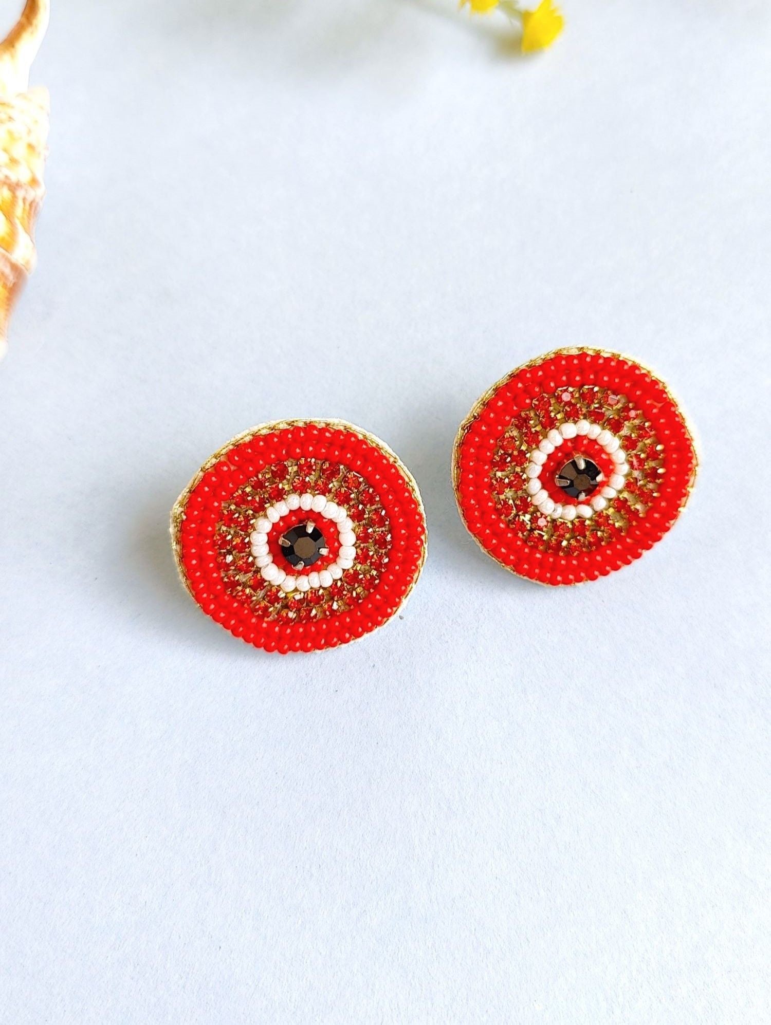 Boho Summer Radiance: Handmade Red Evil Eye Beaded Studs for Chic Women