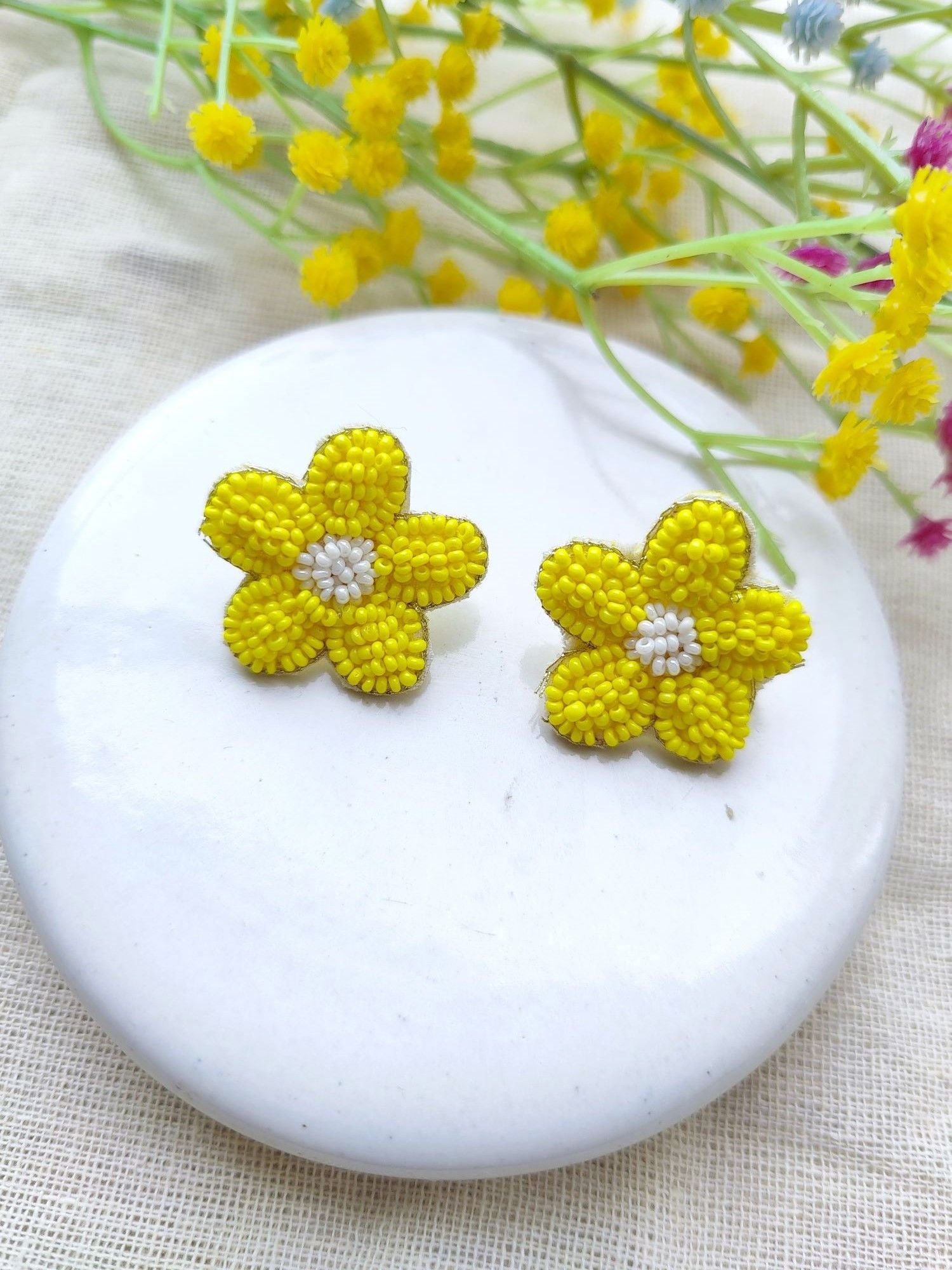 Chic Yellow Floral Handcrafted Studs: Your Statement Party Earrings