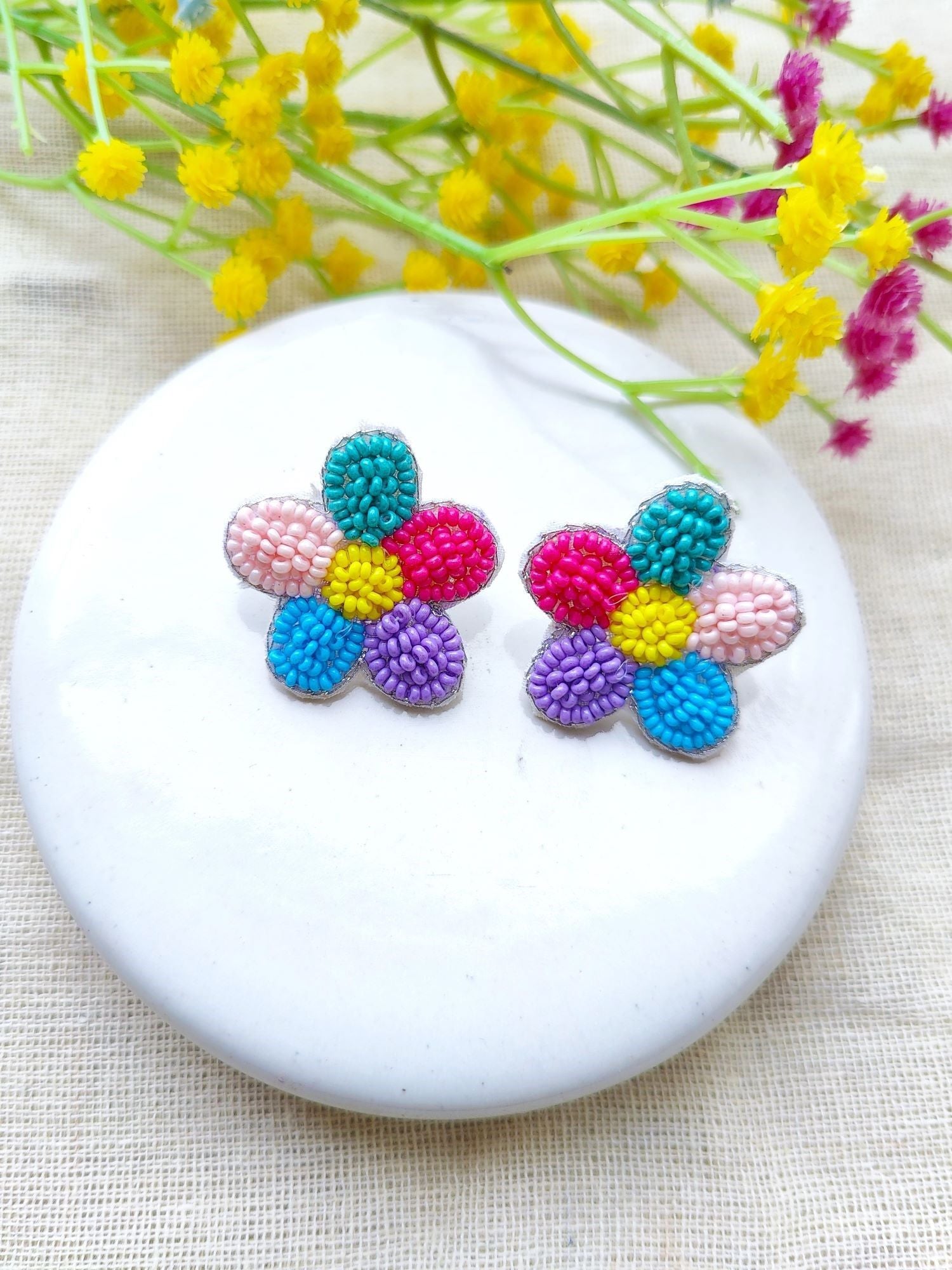 Exotic Multicolored Floral Beaded Studs: Handmade Jewelry for Trendy Women
