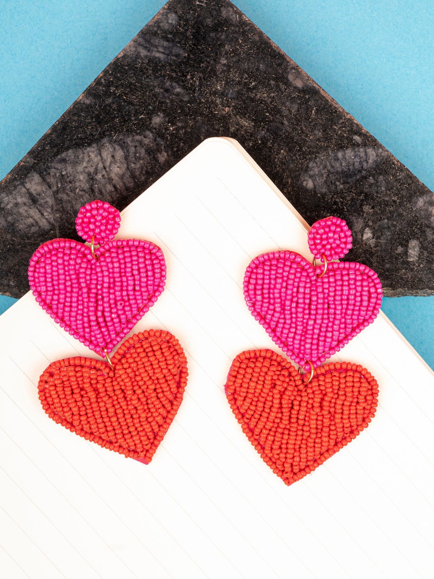 Lovely Red-Pink Beaded Double-Heart Earrings for Women - Perfect for Valentine's Day & Special Occasions
