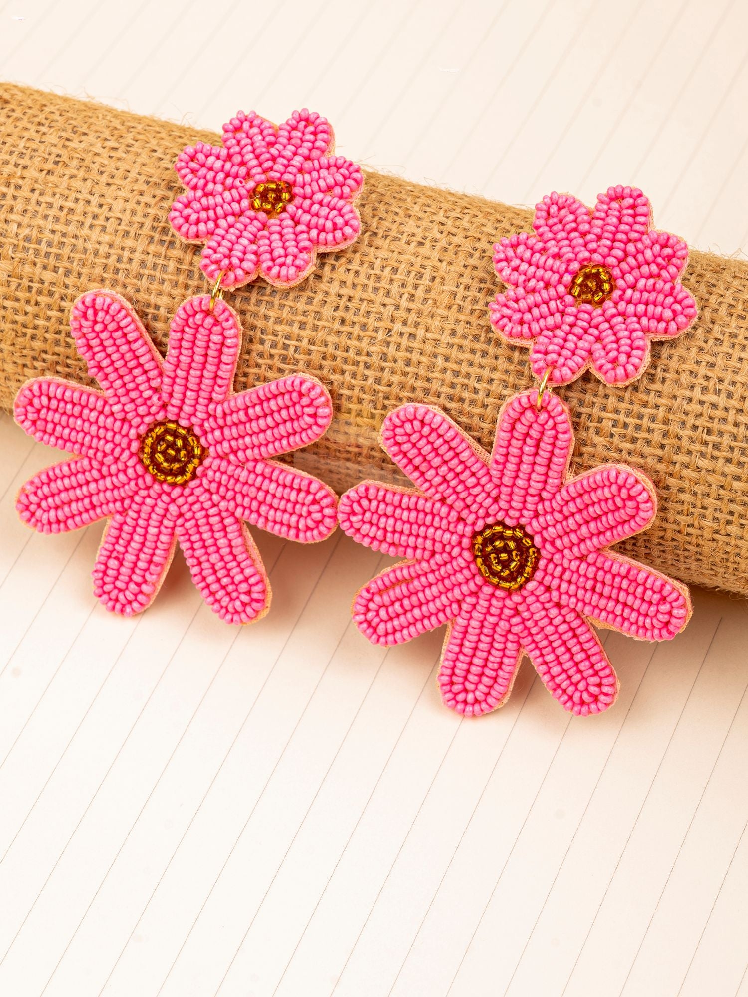 Chic Pink Blossom Handmade Beaded Earring - A Quirky, Boho Statement for Women & Girls