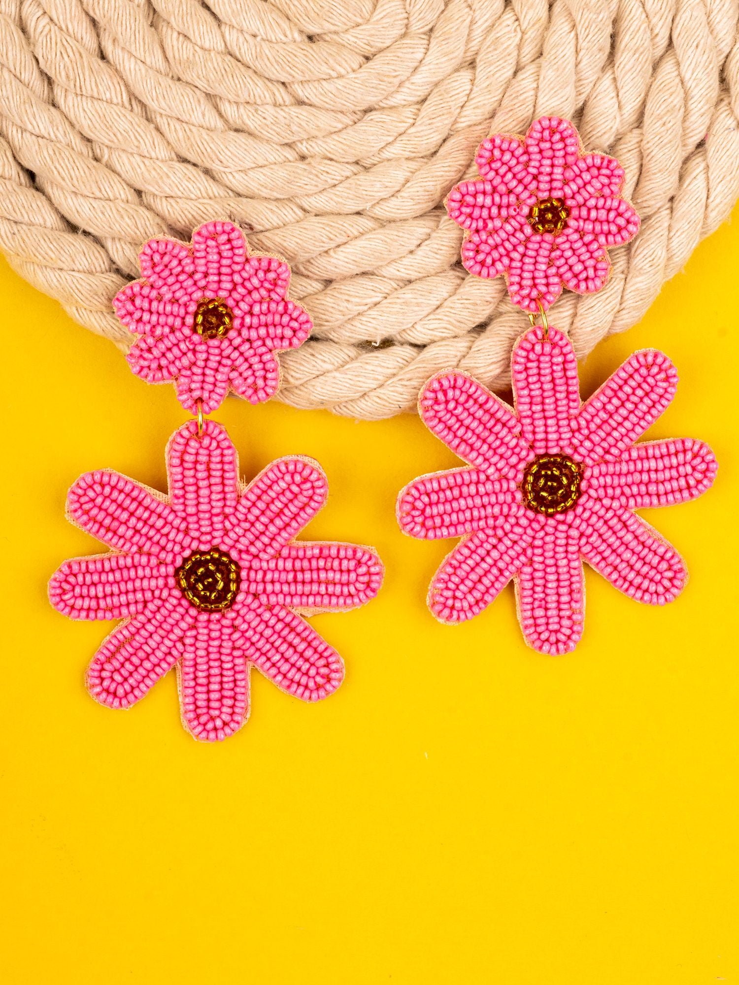 Chic Pink Blossom Handmade Beaded Earring - A Quirky, Boho Statement for Women & Girls