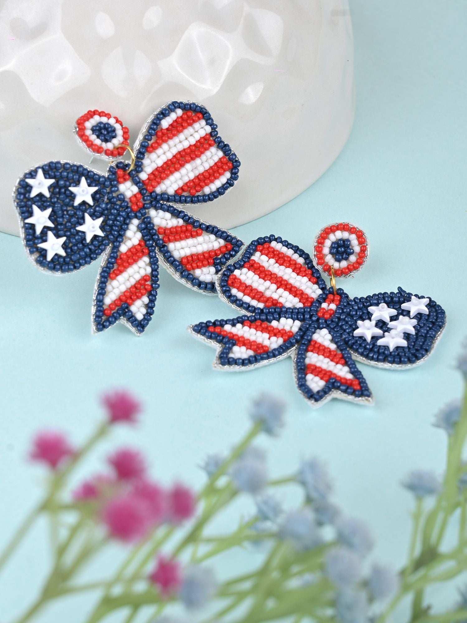 Quirky American Flag Inspired Multicolor Beaded Bow Earrings for Girls and Women