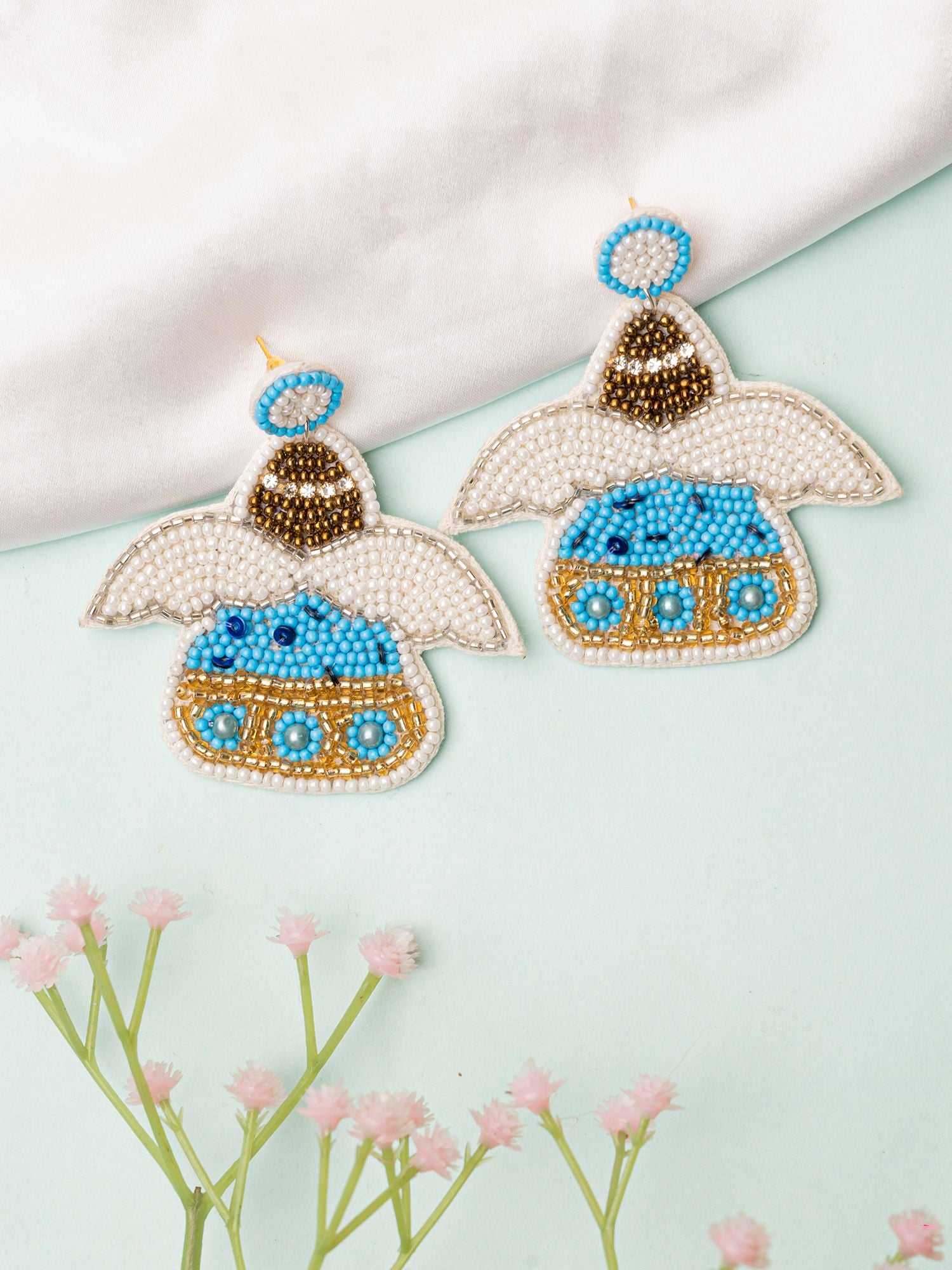 Divine Charm: Ethnic Handcrafted Beaded Kalash Earrings in White & Blue