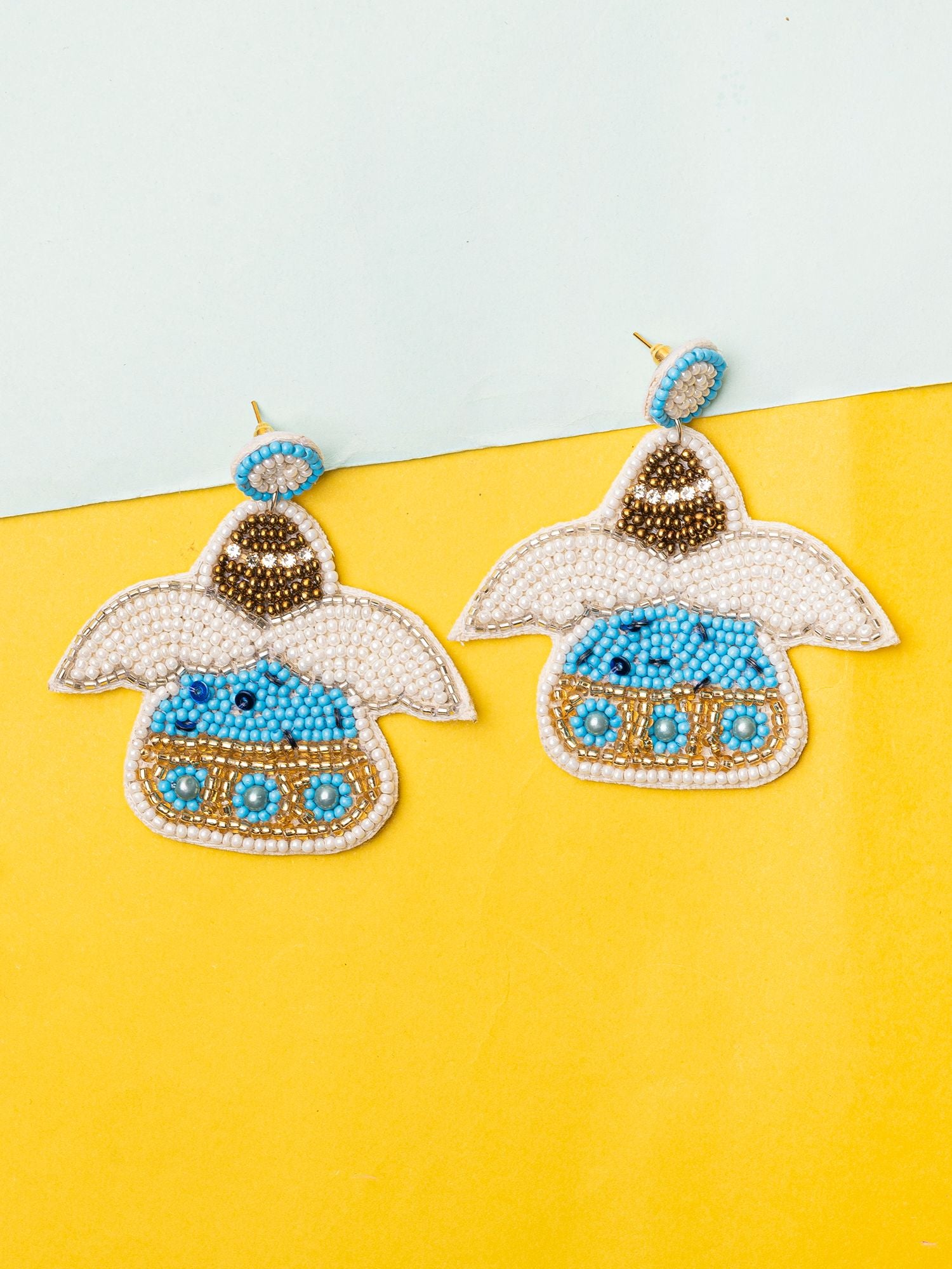 Divine Charm: Ethnic Handcrafted Beaded Kalash Earrings in White & Blue