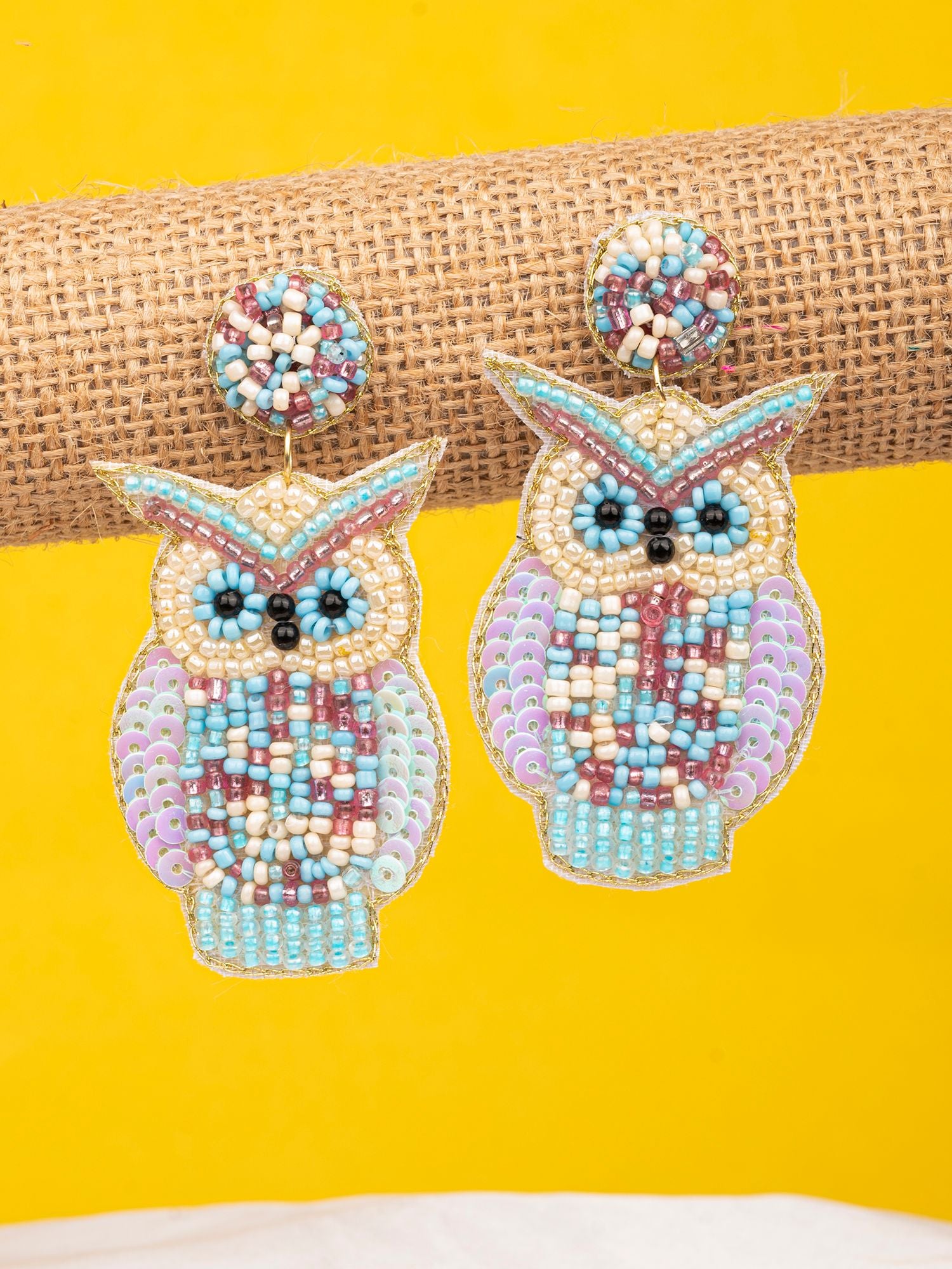 Quirky Owl Charm: Blue Beaded Handmade Earrings for Women and Girls